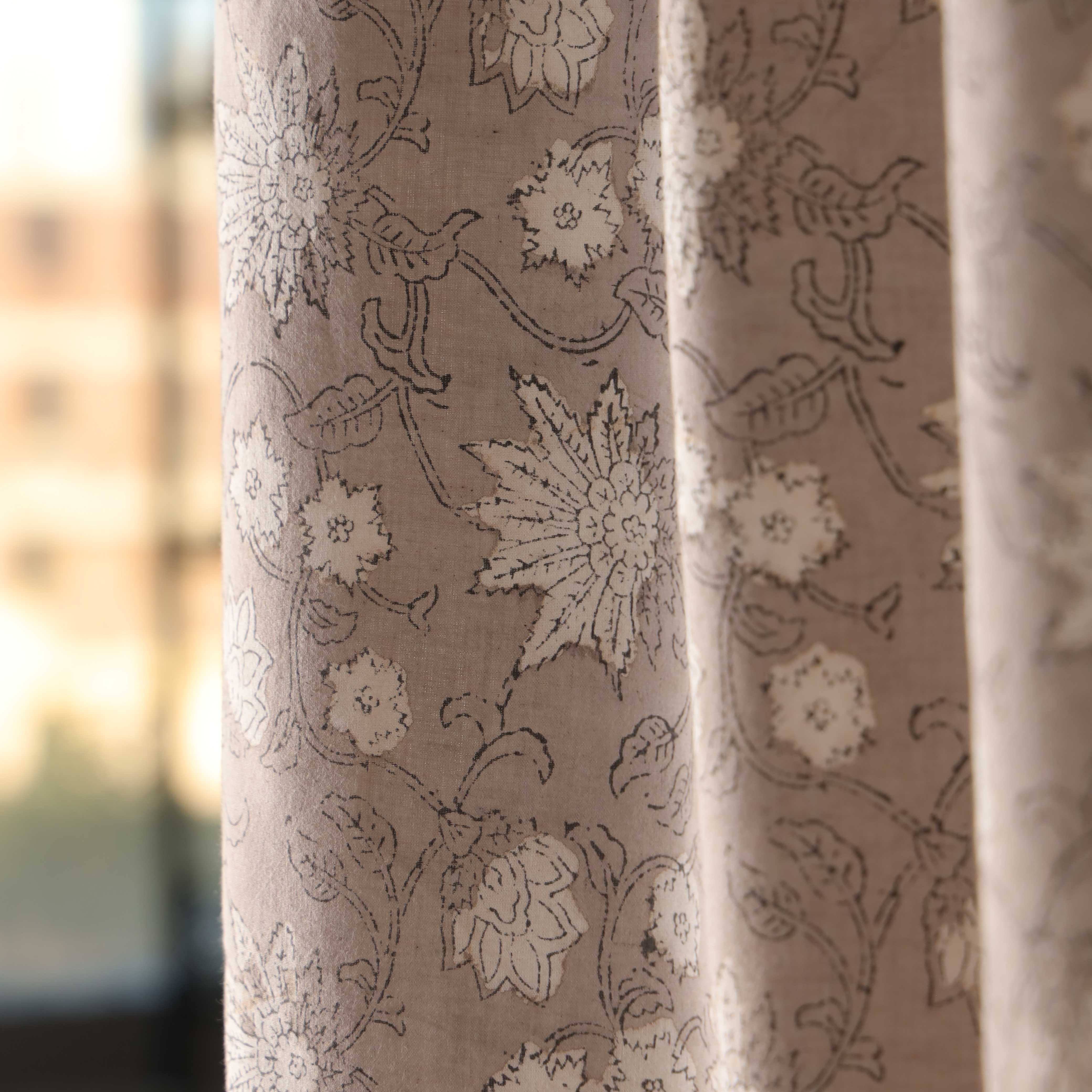 Earthy Taupe Wildflower Cotton Curtain – Single Panel Tab Top Window Drapery