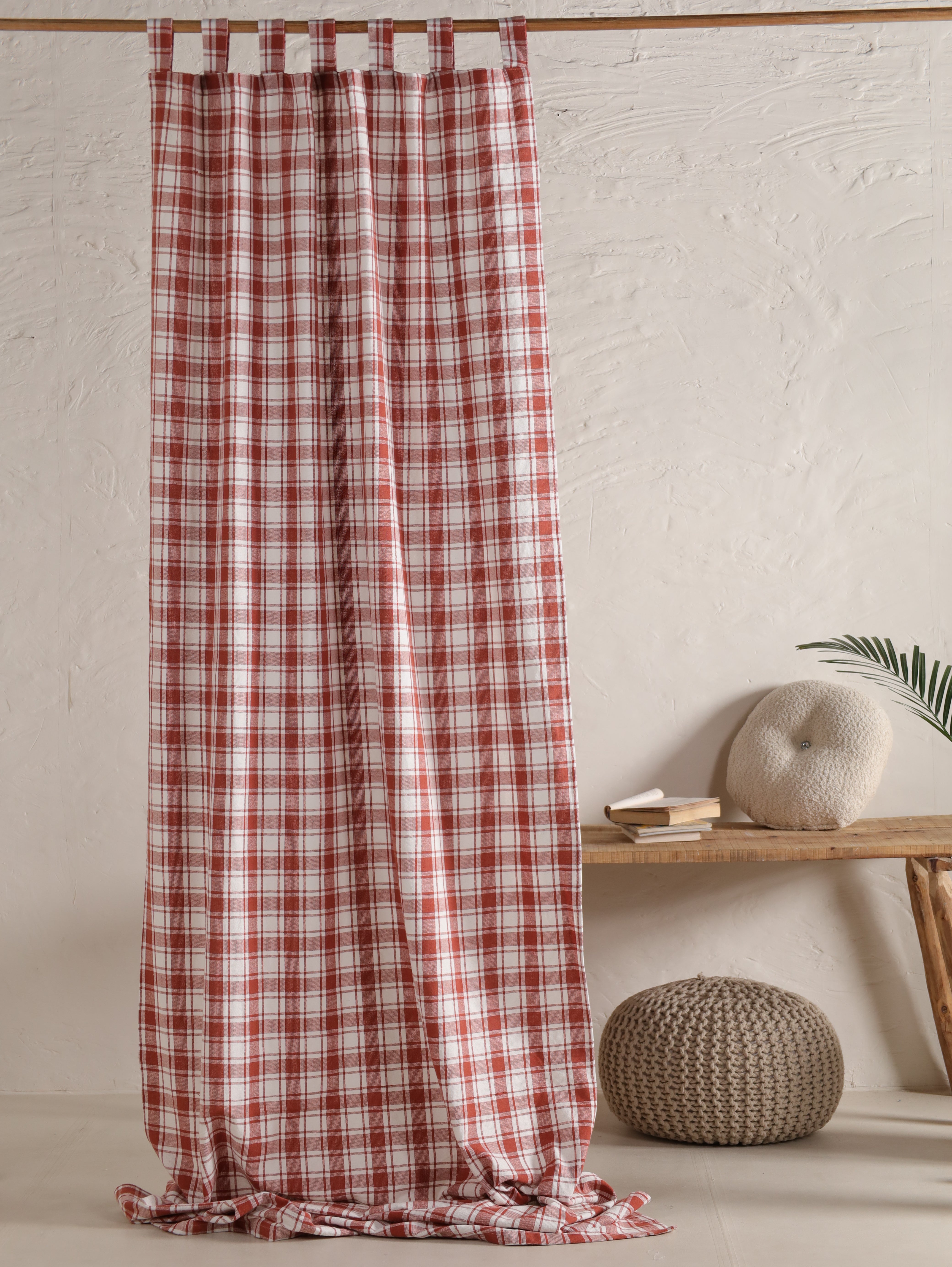 Gauze Curtain Red and White Bohemian Linen Check Curtain Panel Drapes for Bedroom & Living Room
