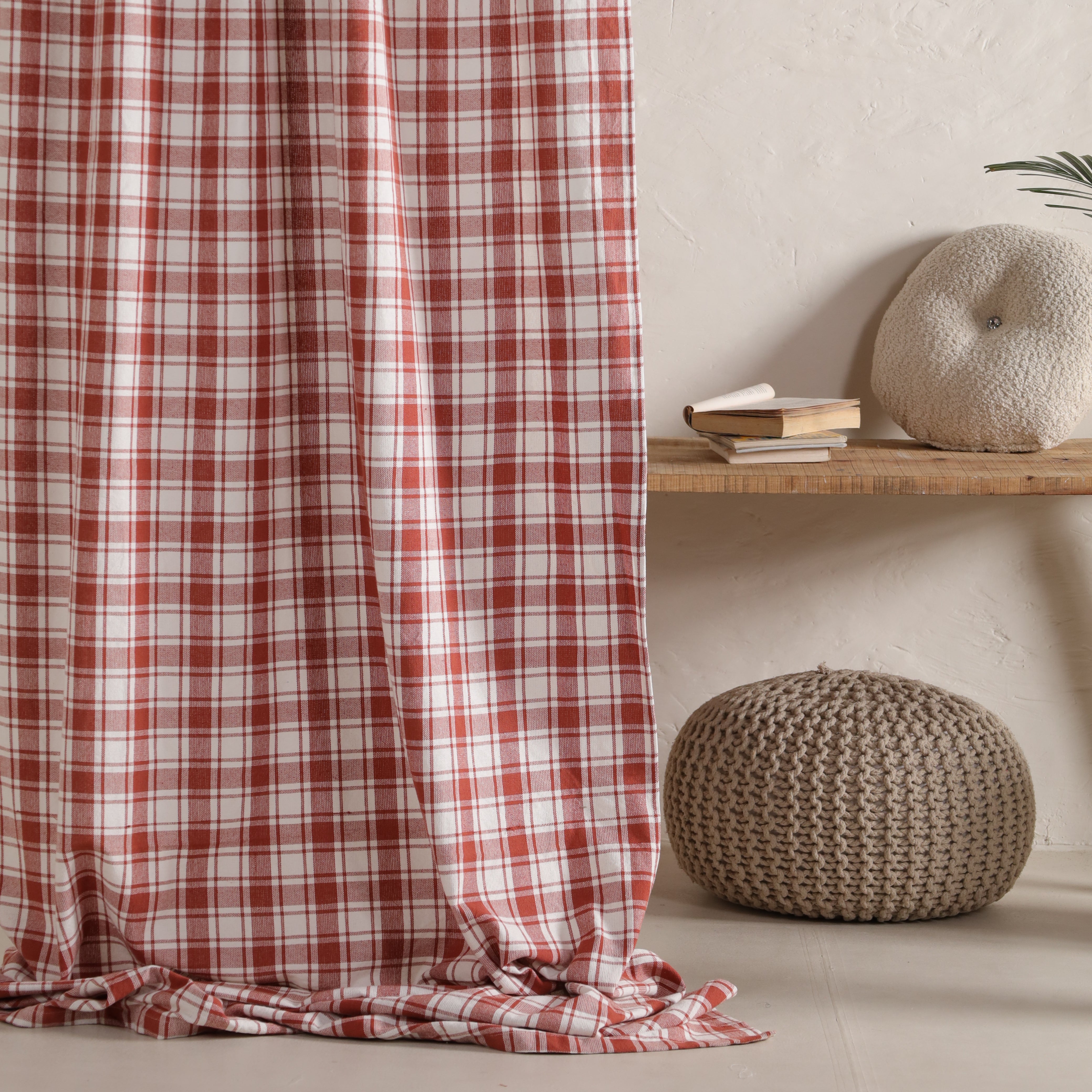 Gauze Curtain Red and White Bohemian Linen Check Curtain Panel Drapes for Bedroom & Living Room