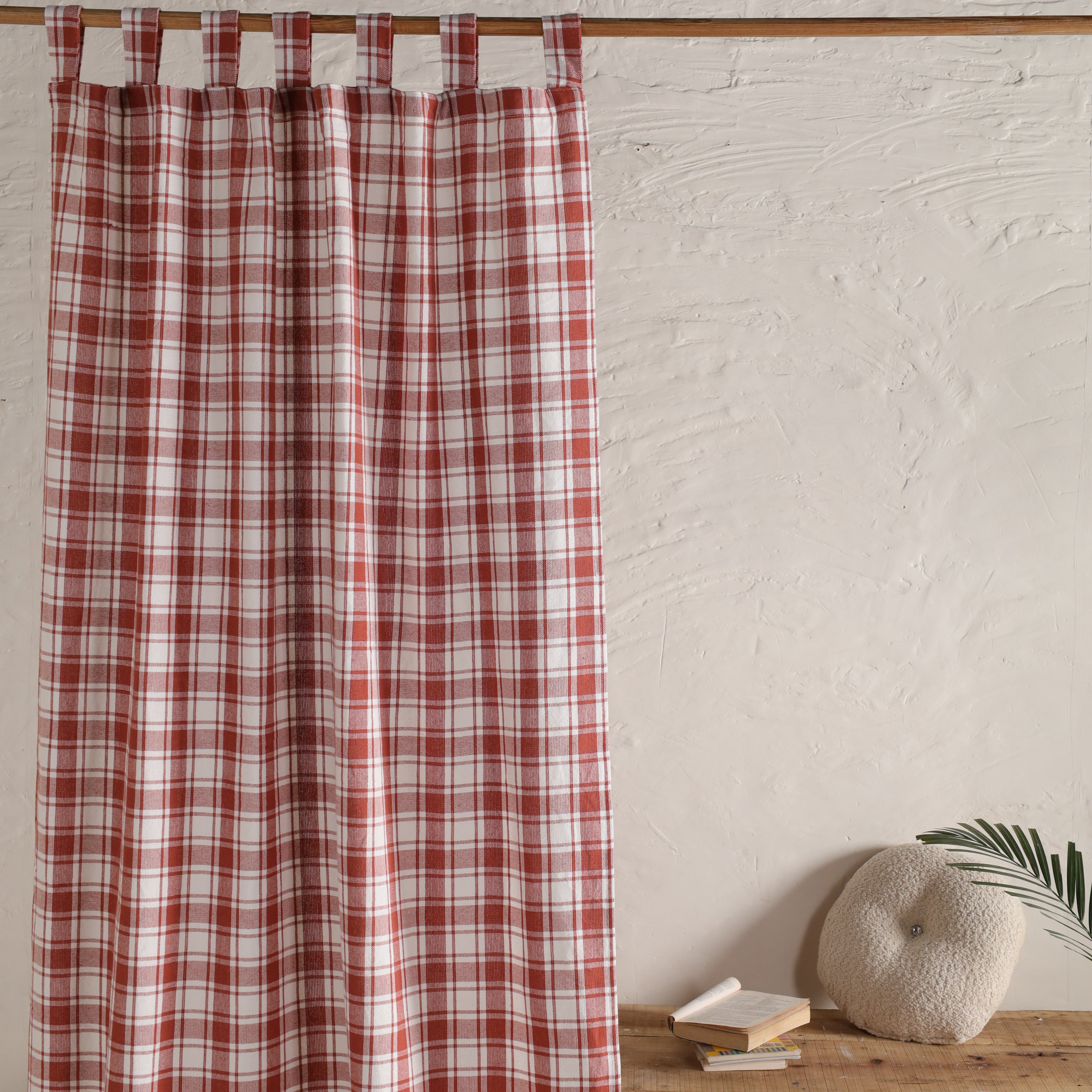 Gauze Curtain Red and White Bohemian Linen Check Curtain Panel Drapes for Bedroom & Living Room