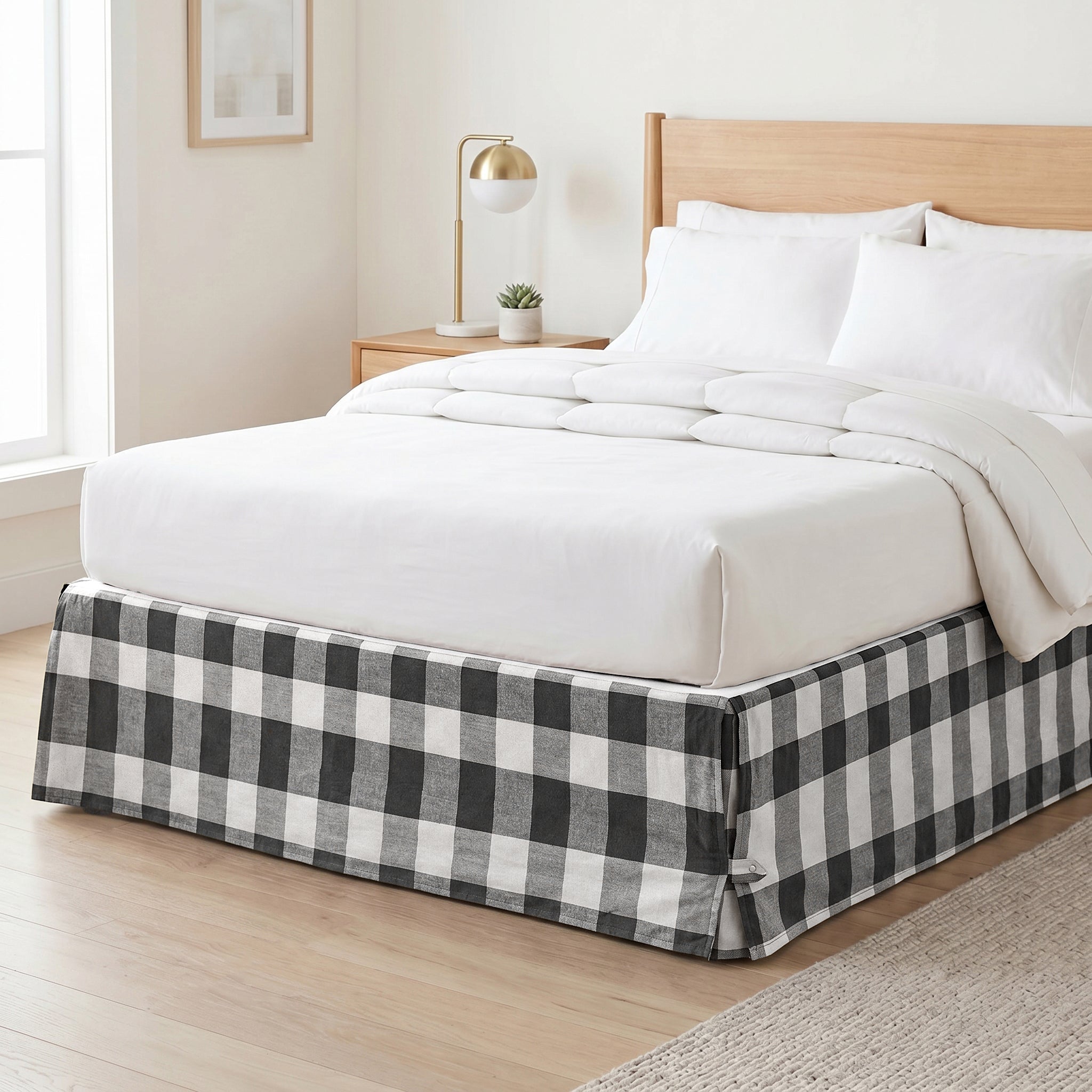 Rustic Farmhouse Black Buffalo Check Tailored Bed Skirt – Classic Plaid Pleated Bed Valance