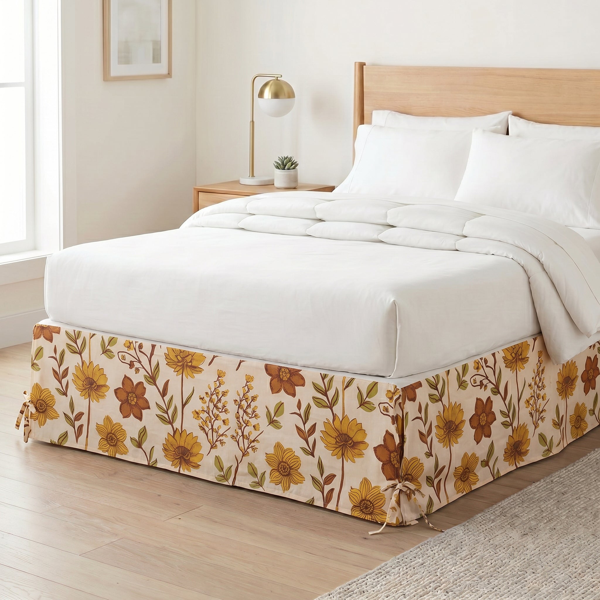 Vintage Botanical Sunflower Tailored Bed Skirt – Retro Floral Pleated Bed Valance