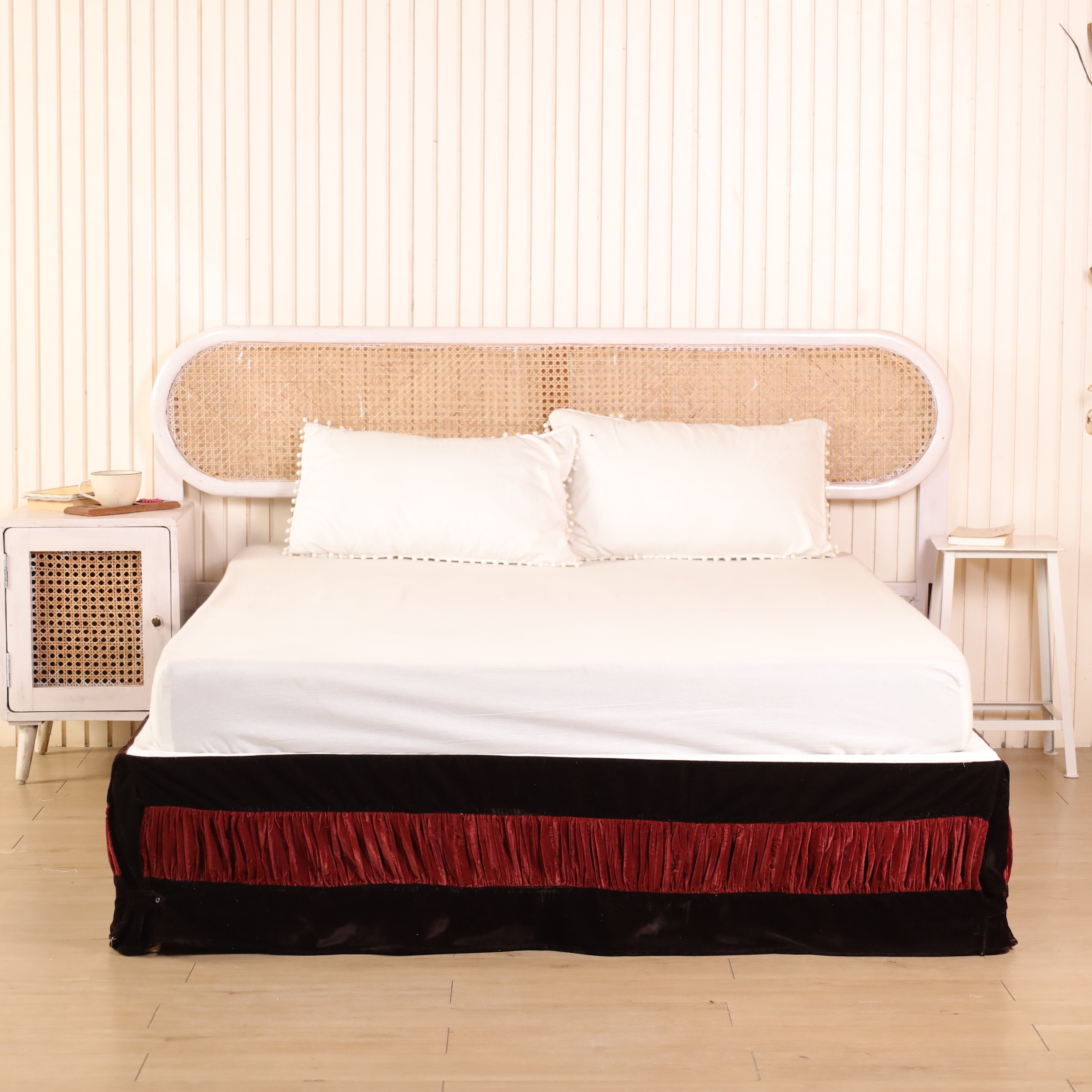 Imperial Regal Layered Velvet Bed Skirt – Luxury Crimson & Espresso Tailored Bed Valance