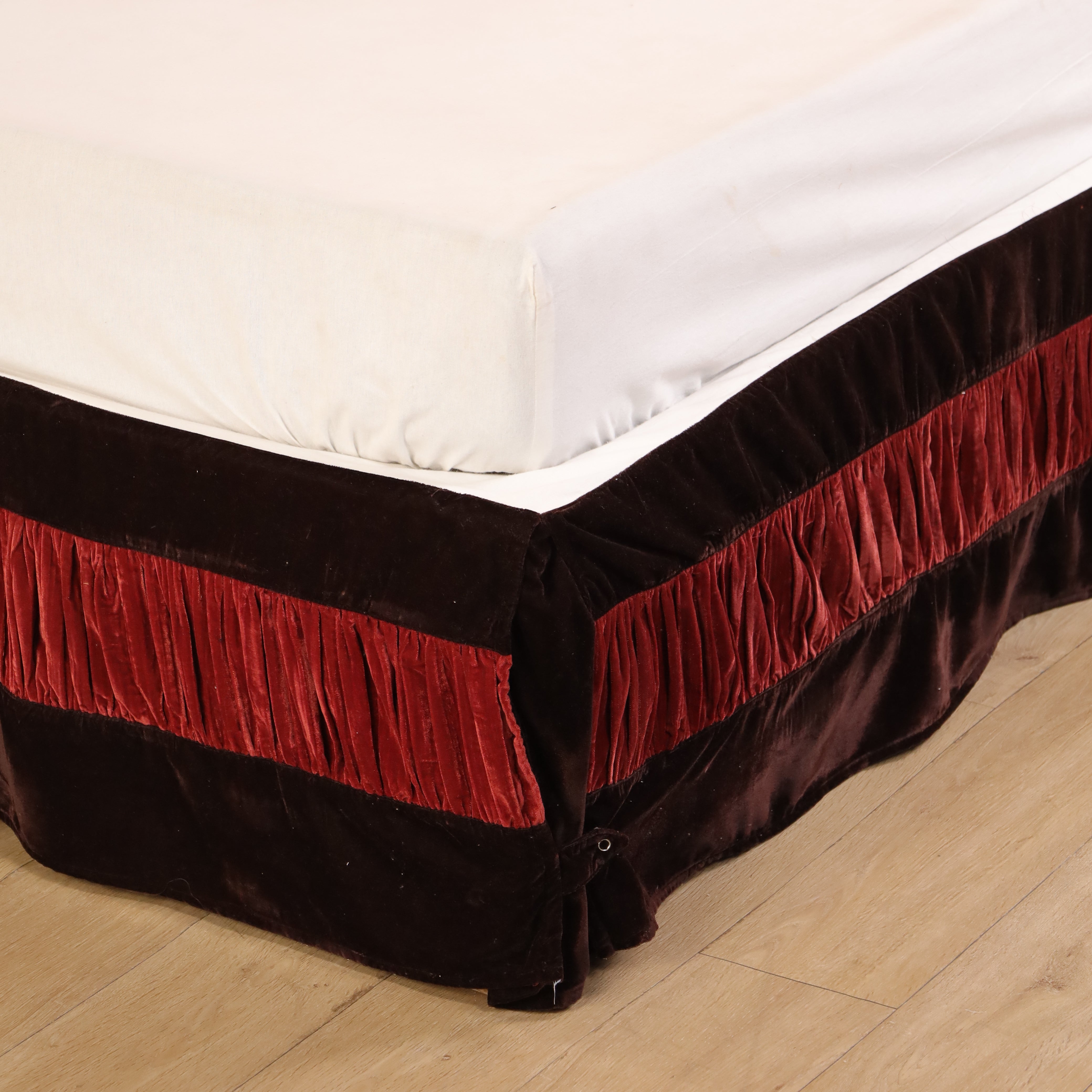Imperial Regal Layered Velvet Bed Skirt – Luxury Crimson & Espresso Tailored Bed Valance