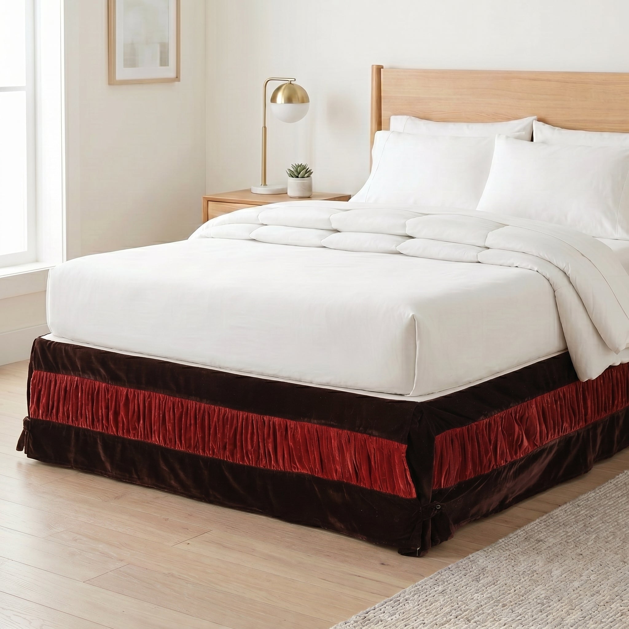 Imperial Regal Layered Velvet Bed Skirt – Luxury Crimson & Espresso Tailored Bed Valance