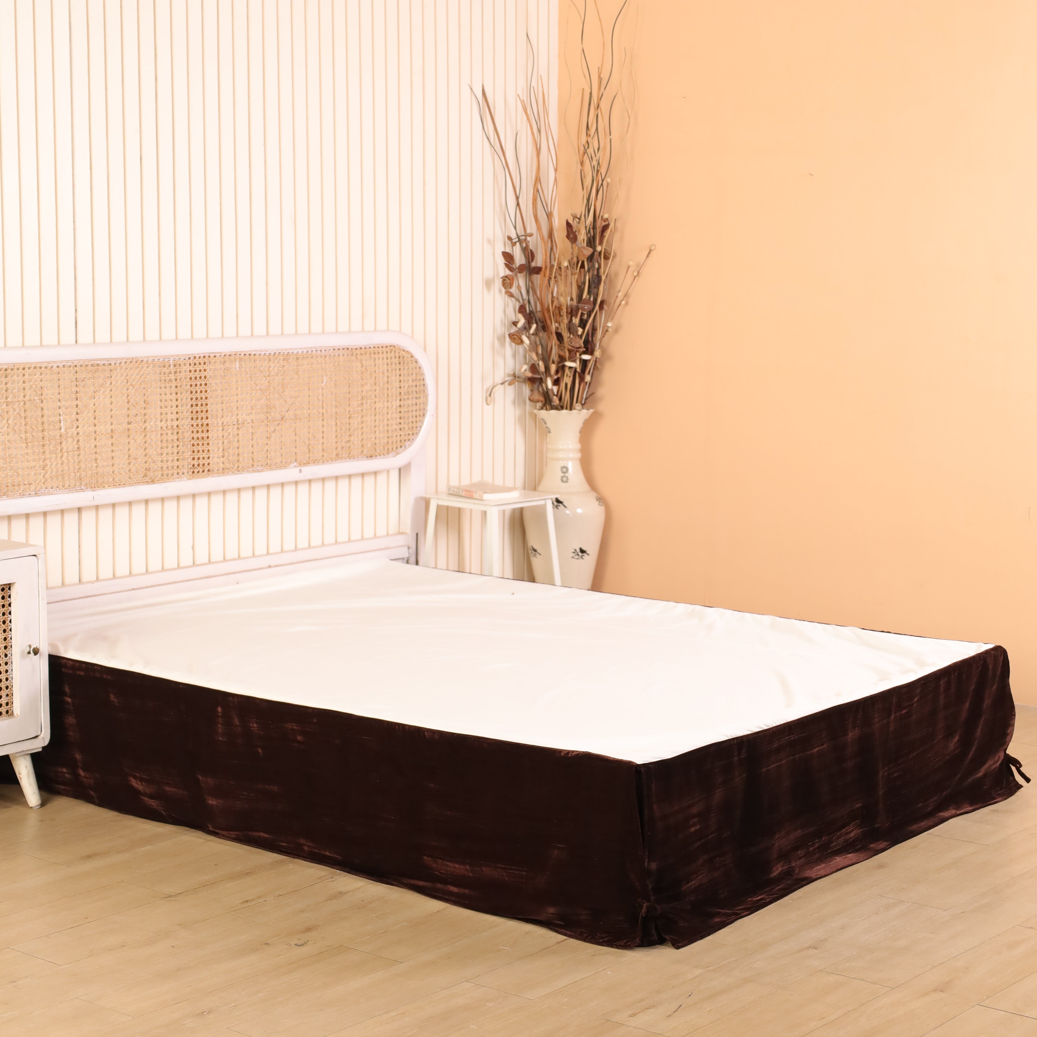 Imperial Solid Velvet Tailored Bed Skirt – Luxury Espresso Brown Split Corner Bed Valance with Ties