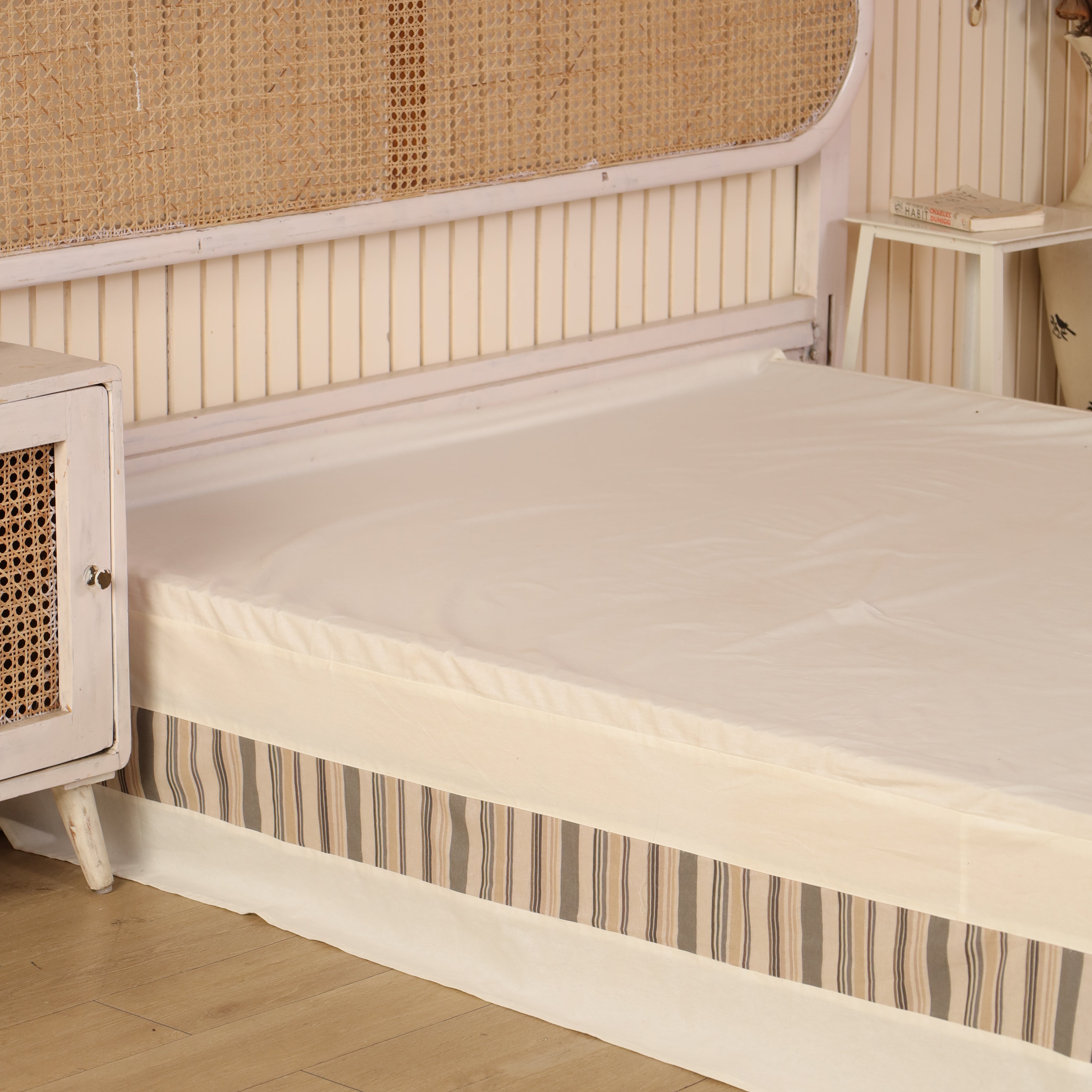 Minimalist Multi-Stripe Inset Tailored Bed Skirt – Ivory Split Corner Bed Valance with Side Ties