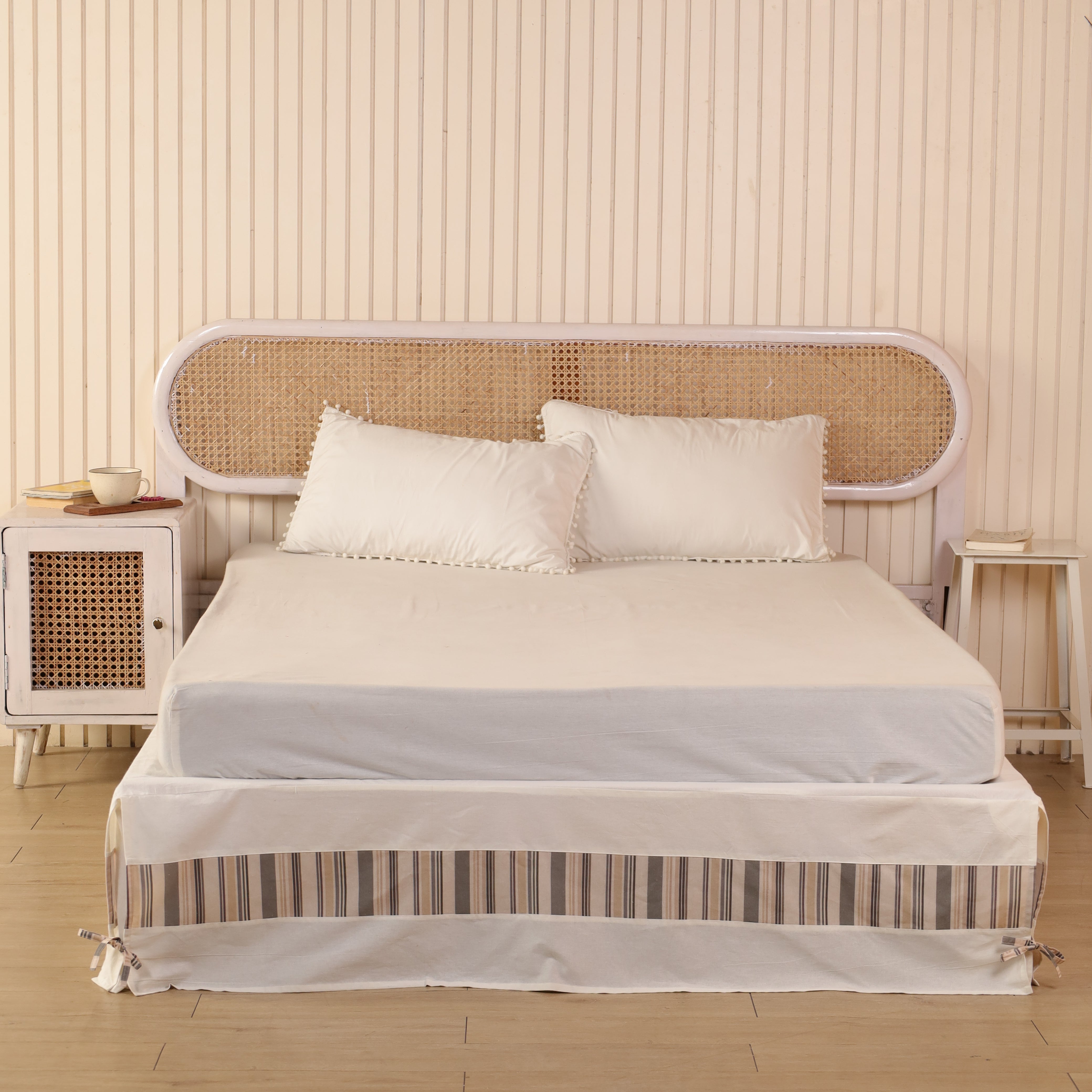 Minimalist Multi-Stripe Inset Tailored Bed Skirt – Ivory Split Corner Bed Valance with Side Ties