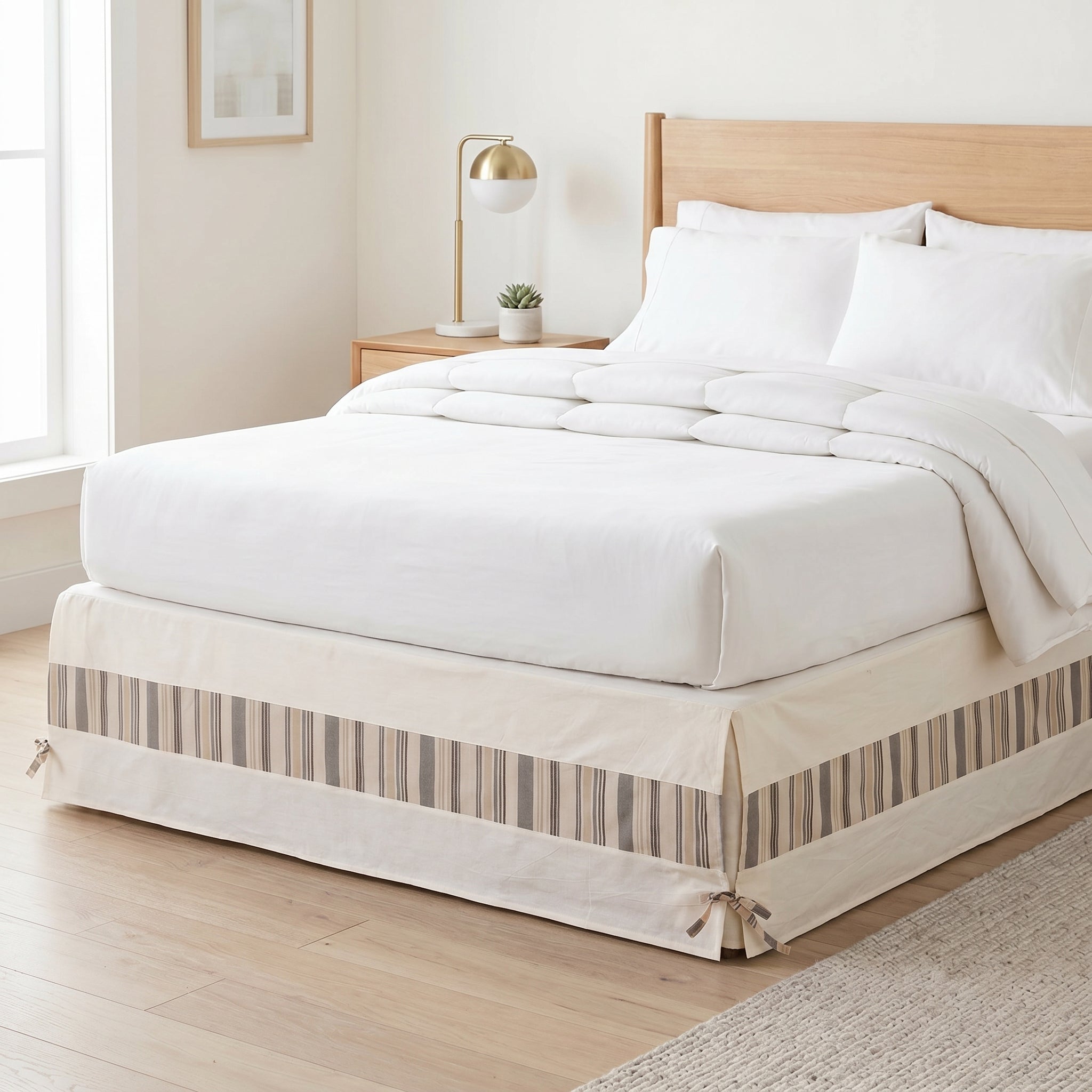 Minimalist Multi-Stripe Inset Tailored Bed Skirt – Ivory Split Corner Bed Valance with Side Ties