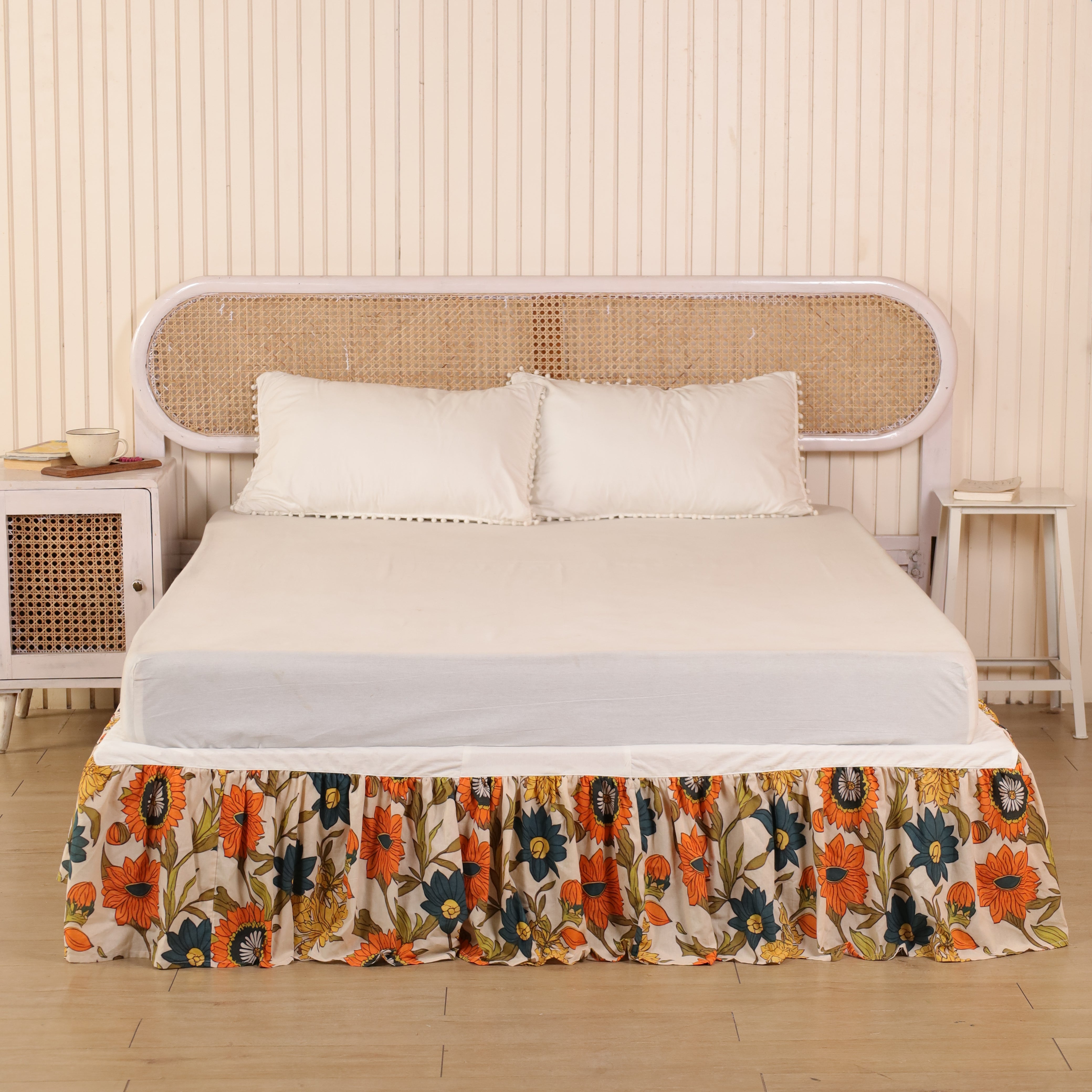 Retro Sunset Multi-Stripe Gathered Bed Skirt – Vintage Coral, Sage & Terracotta Striped Bed Valance with Ties