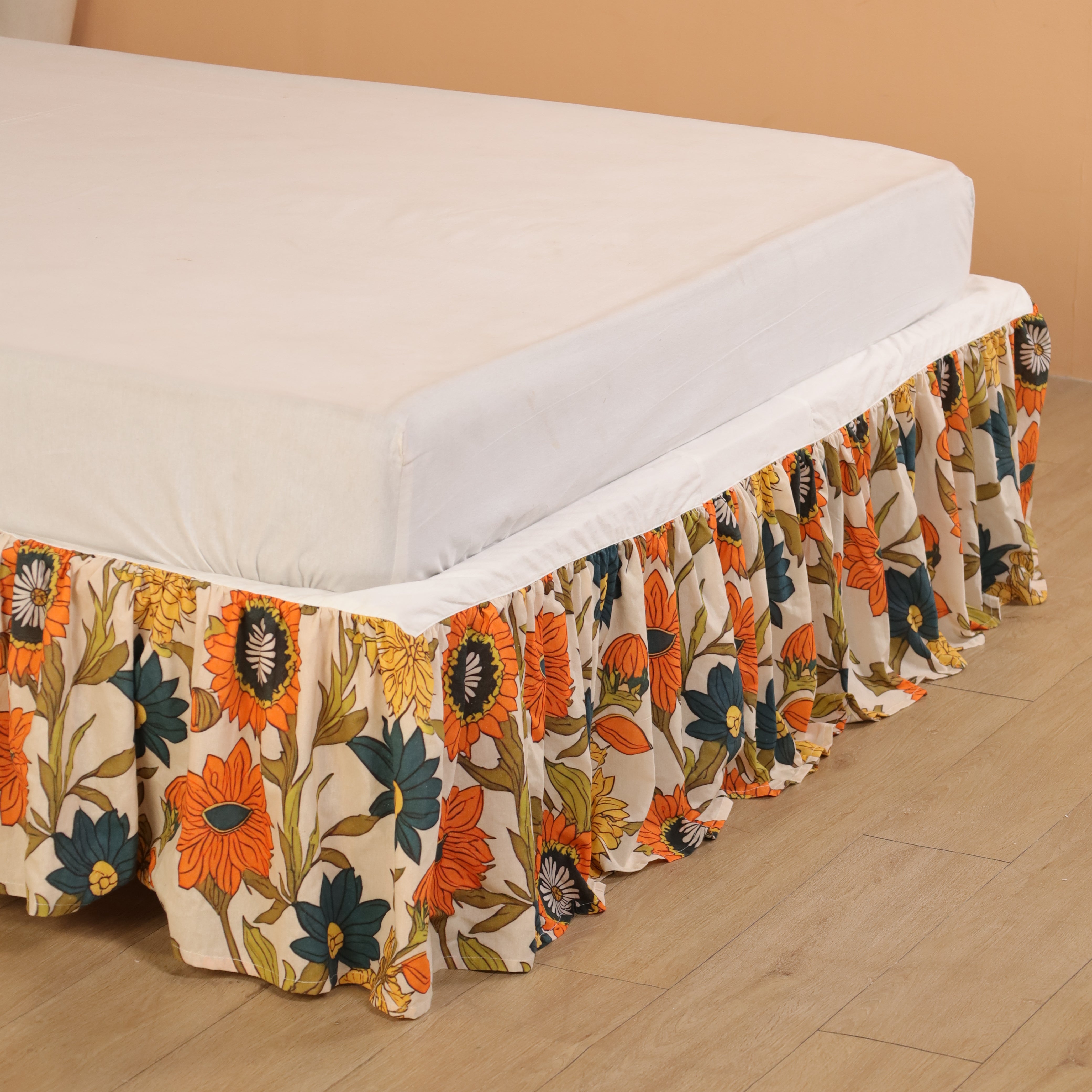 Retro Sunset Multi-Stripe Gathered Bed Skirt – Vintage Coral, Sage & Terracotta Striped Bed Valance with Ties