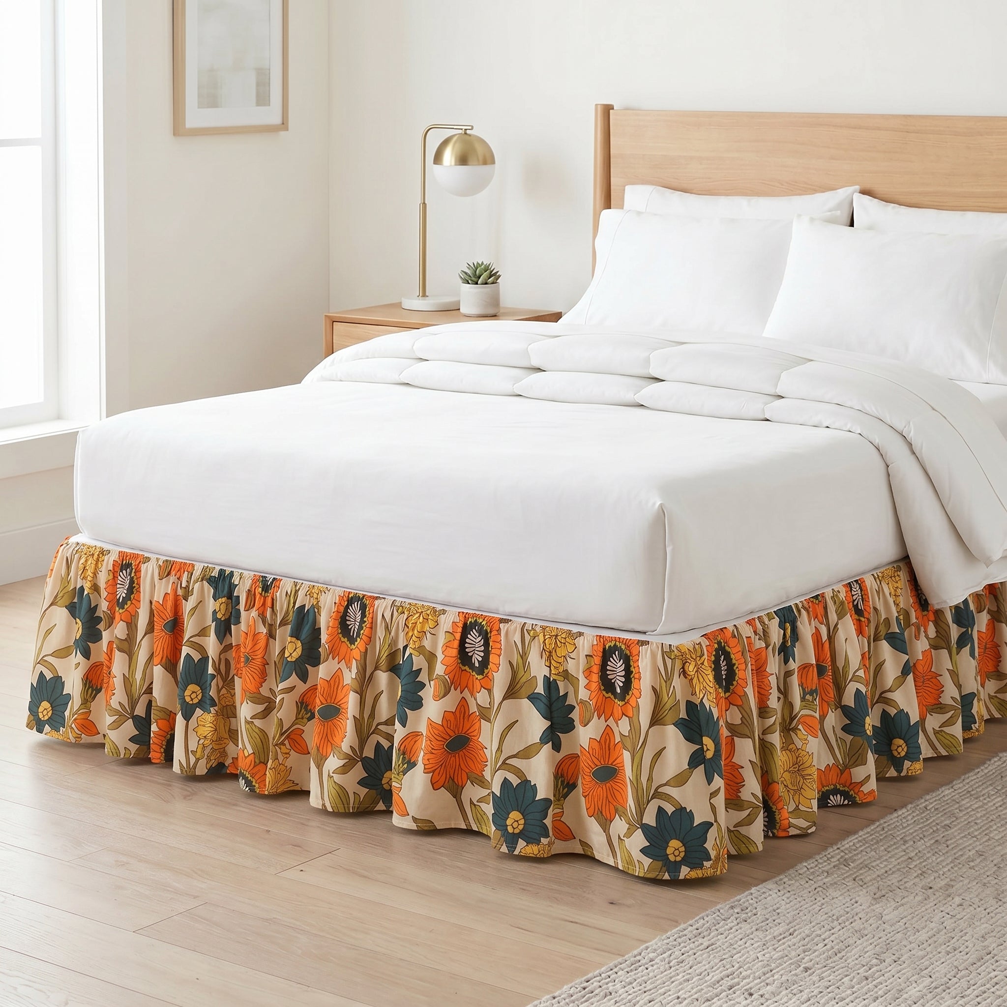 Retro Sunset Multi-Stripe Gathered Bed Skirt – Vintage Coral, Sage & Terracotta Striped Bed Valance with Ties