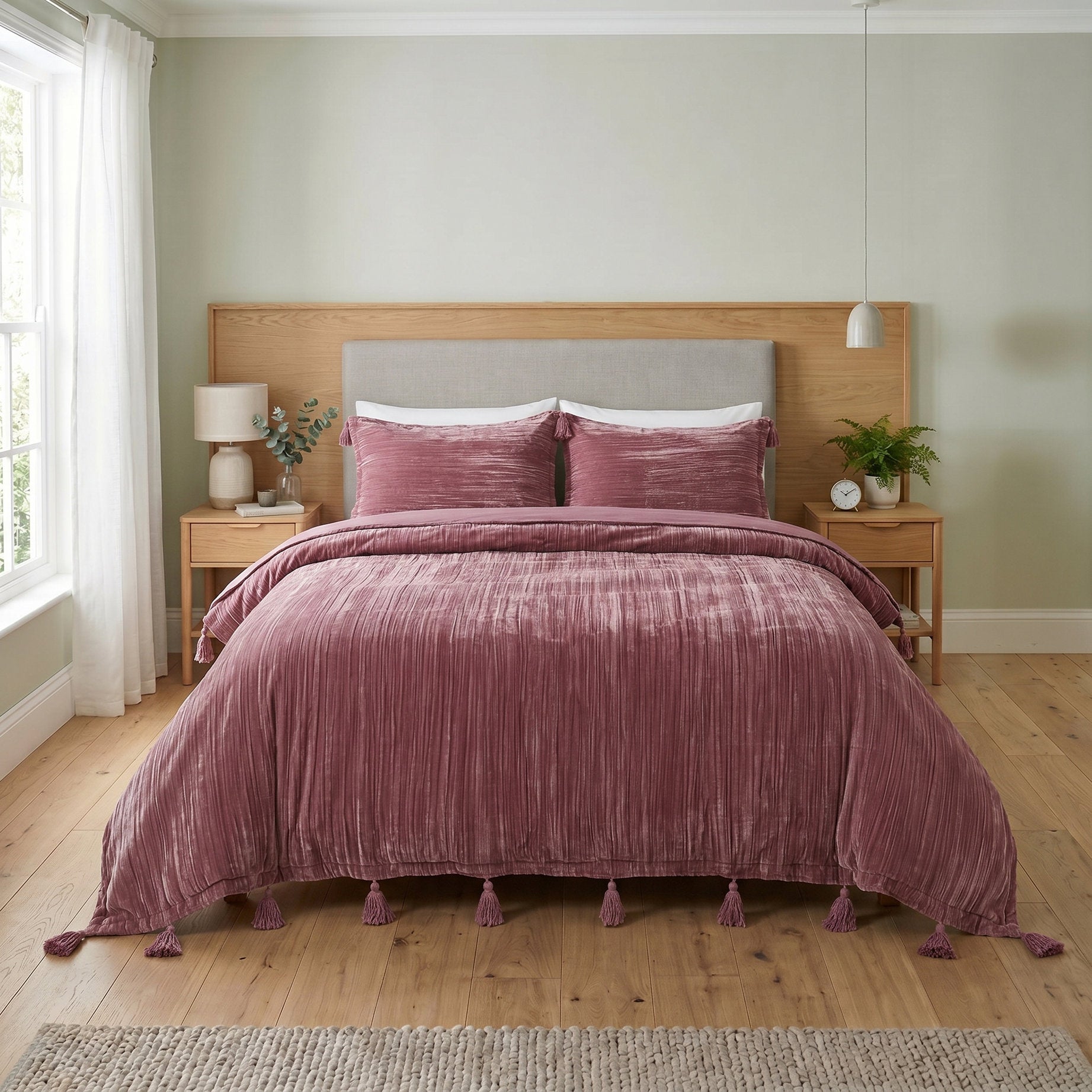 Velvet Duvet Cover Set - Luxury Dusty Rose Boho Bedding with Tassels - 3 Piece Soft Textured Bedding Set