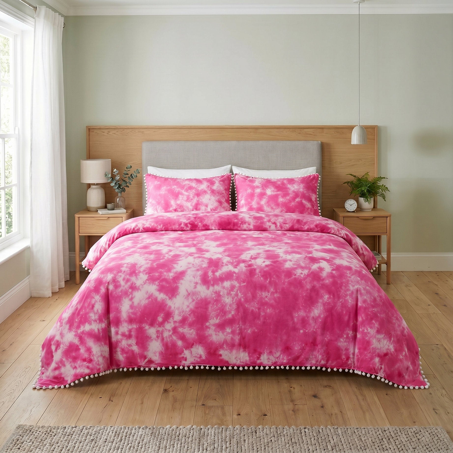 Pink Tie Dye Cotton Duvet Cover Set - Boho Pom-Pom Fringe Bedding - 3 Piece Soft Breathable Aesthetic Bedding