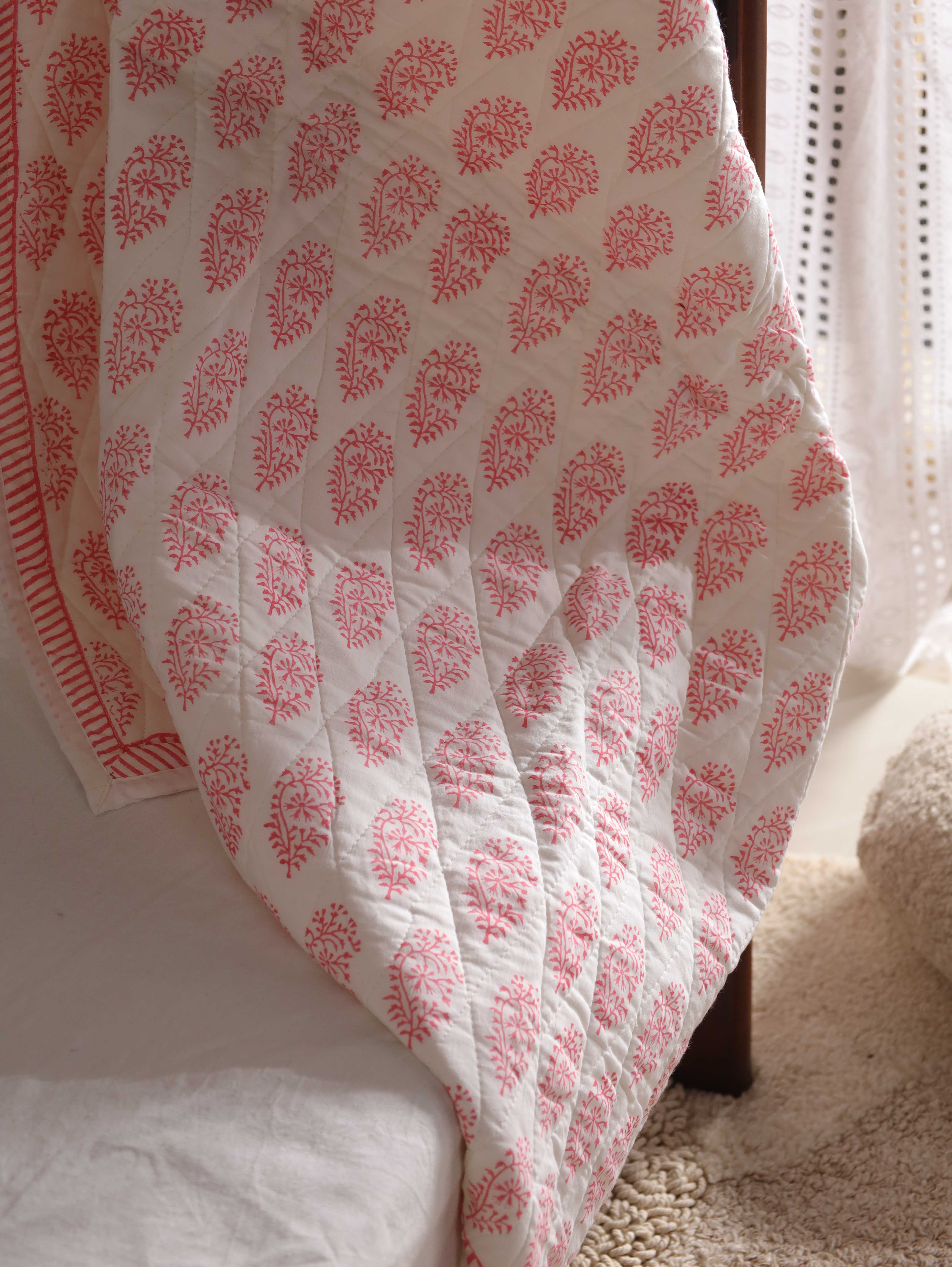 Hand-Block Inspired Floral Baby Quilt - Soft Cotton Toddler Blanket