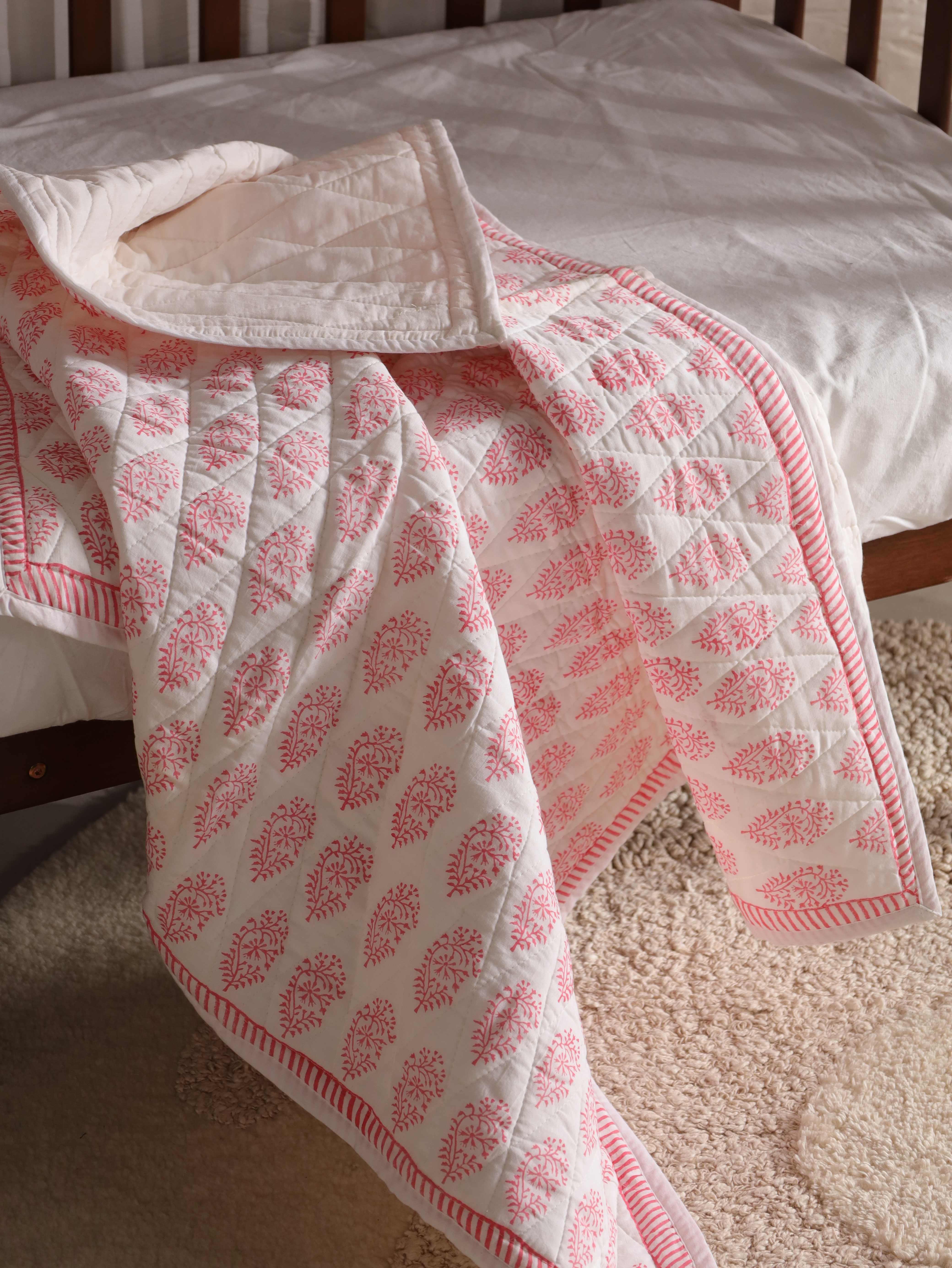 Hand-Block Inspired Floral Baby Quilt - Soft Cotton Toddler Blanket