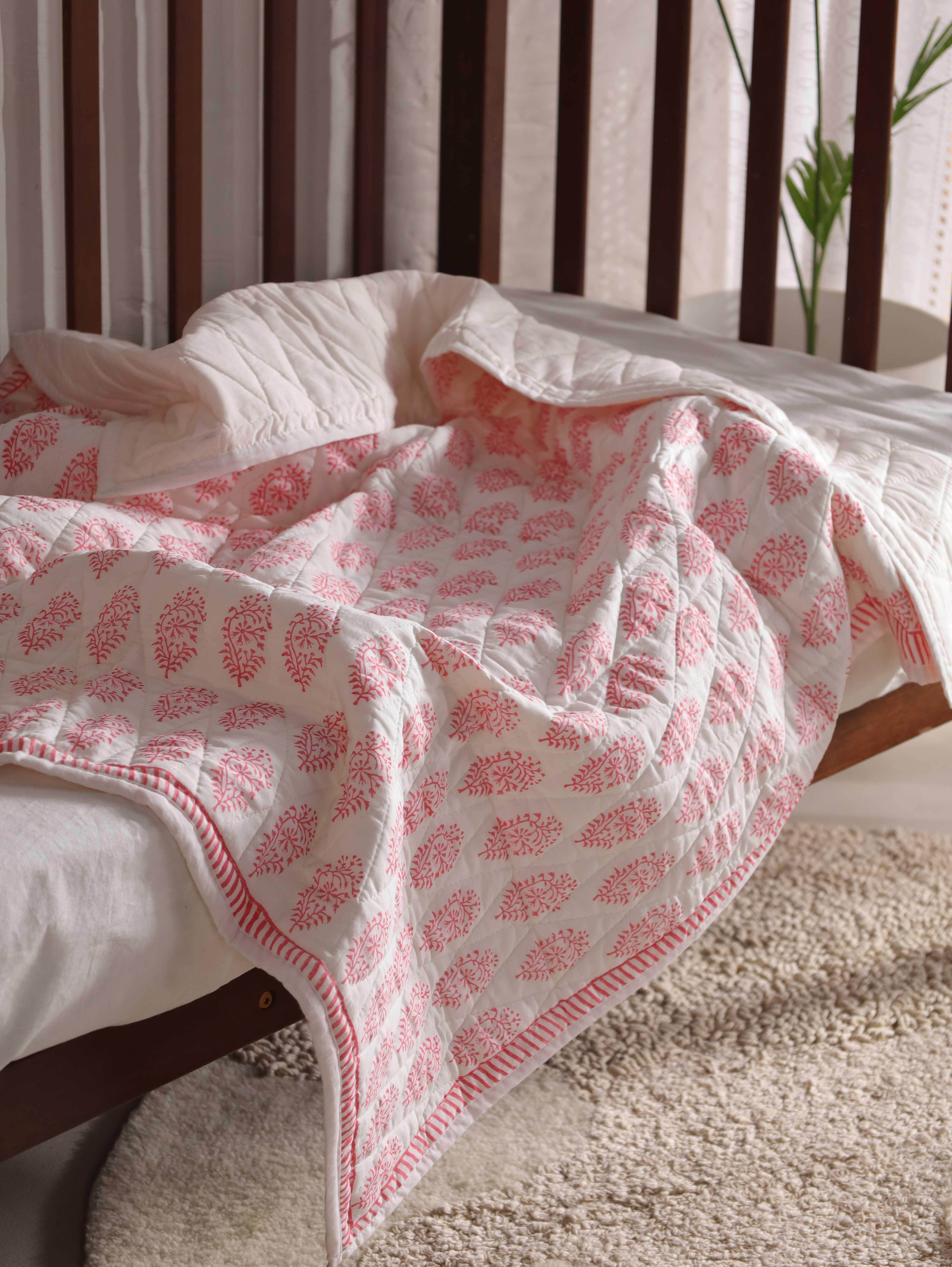 Hand-Block Inspired Floral Baby Quilt - Soft Cotton Toddler Blanket