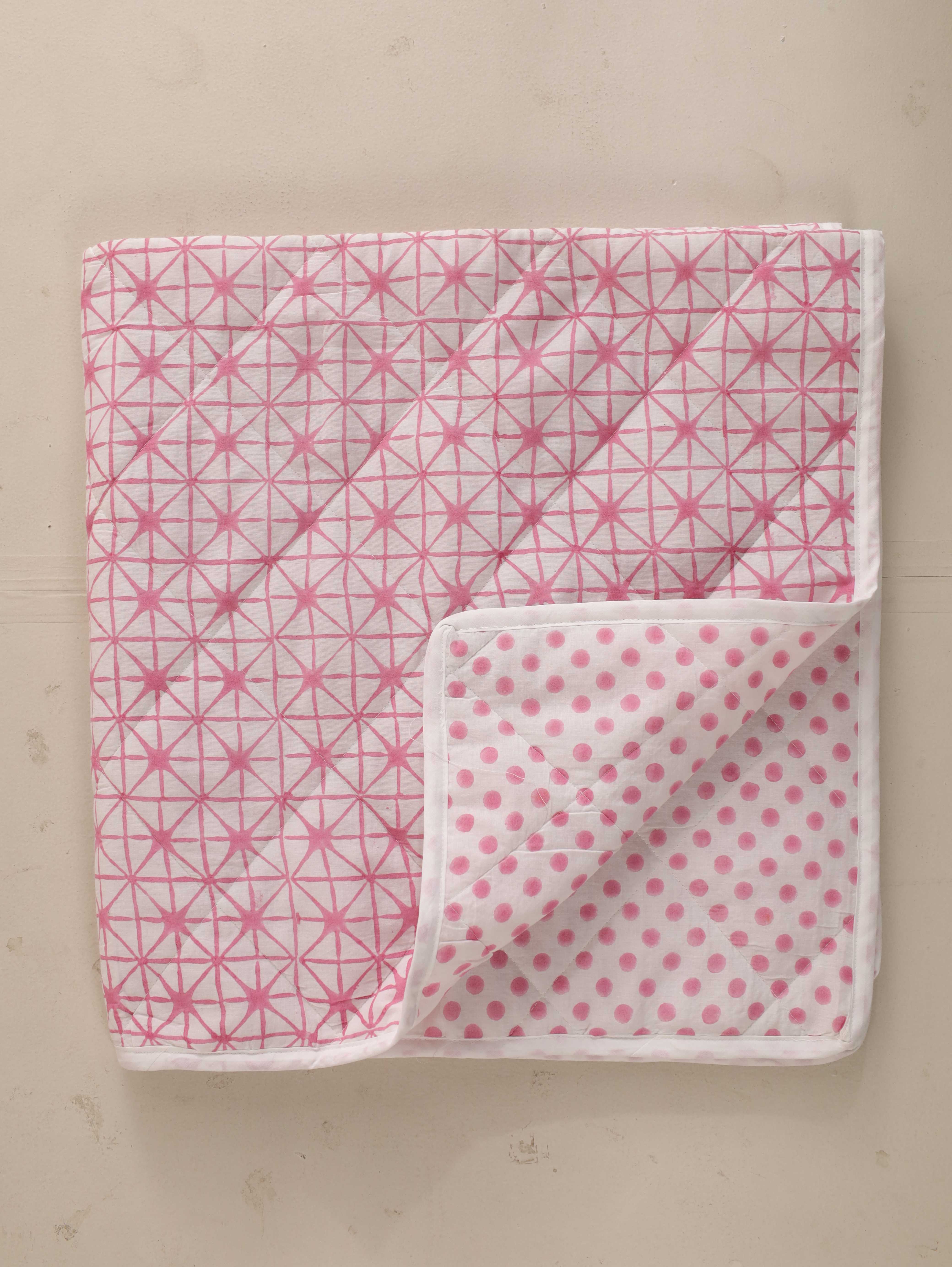 Reversible Geometric & Polka Dot Baby Quilt - Soft Pink Toddler Blanket