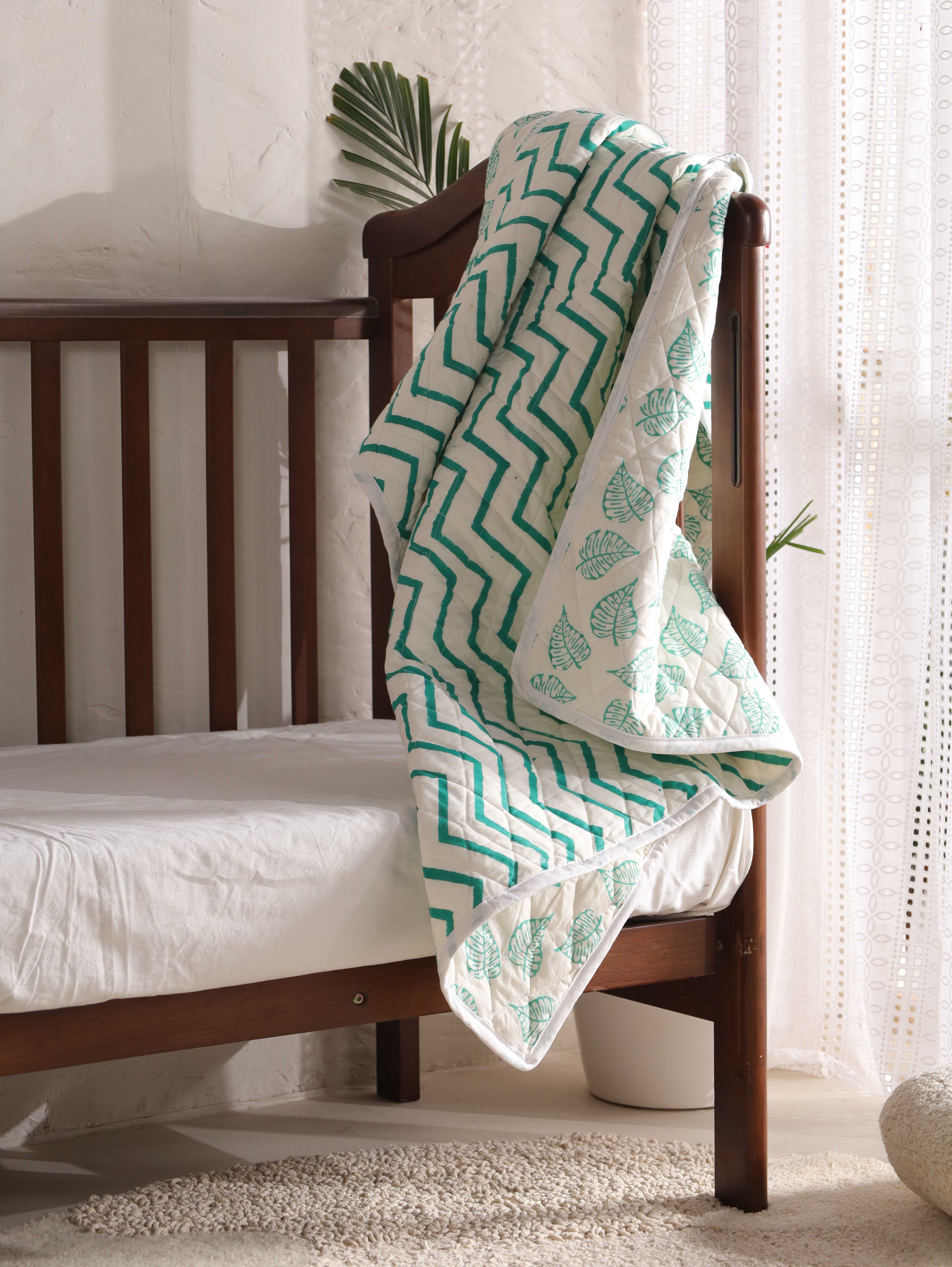 Reversible Botanical Leaf & Chevron Baby Quilt - Soft Teal Nursery Blanket
