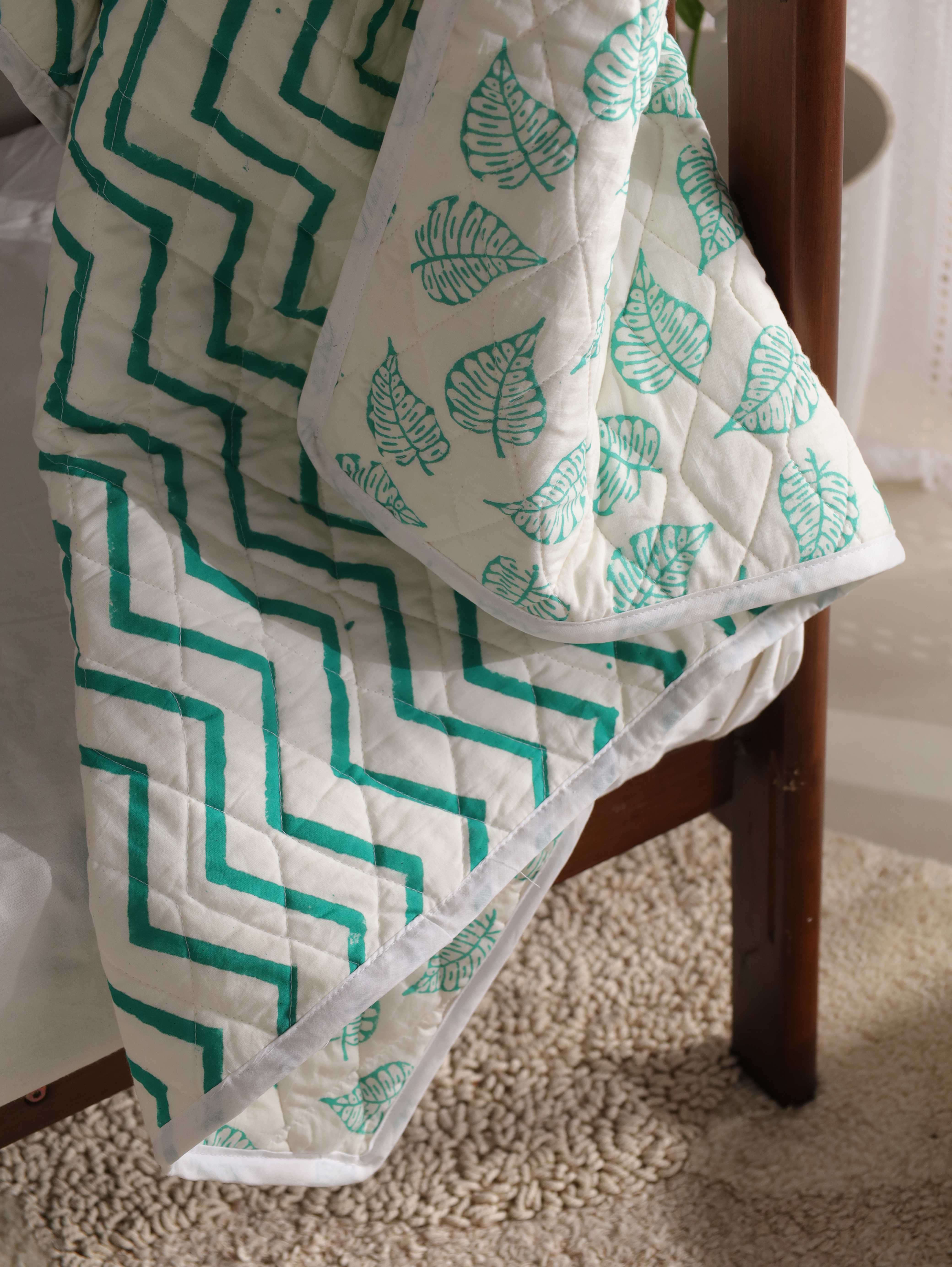 Reversible Botanical Leaf & Chevron Baby Quilt - Soft Teal Nursery Blanket