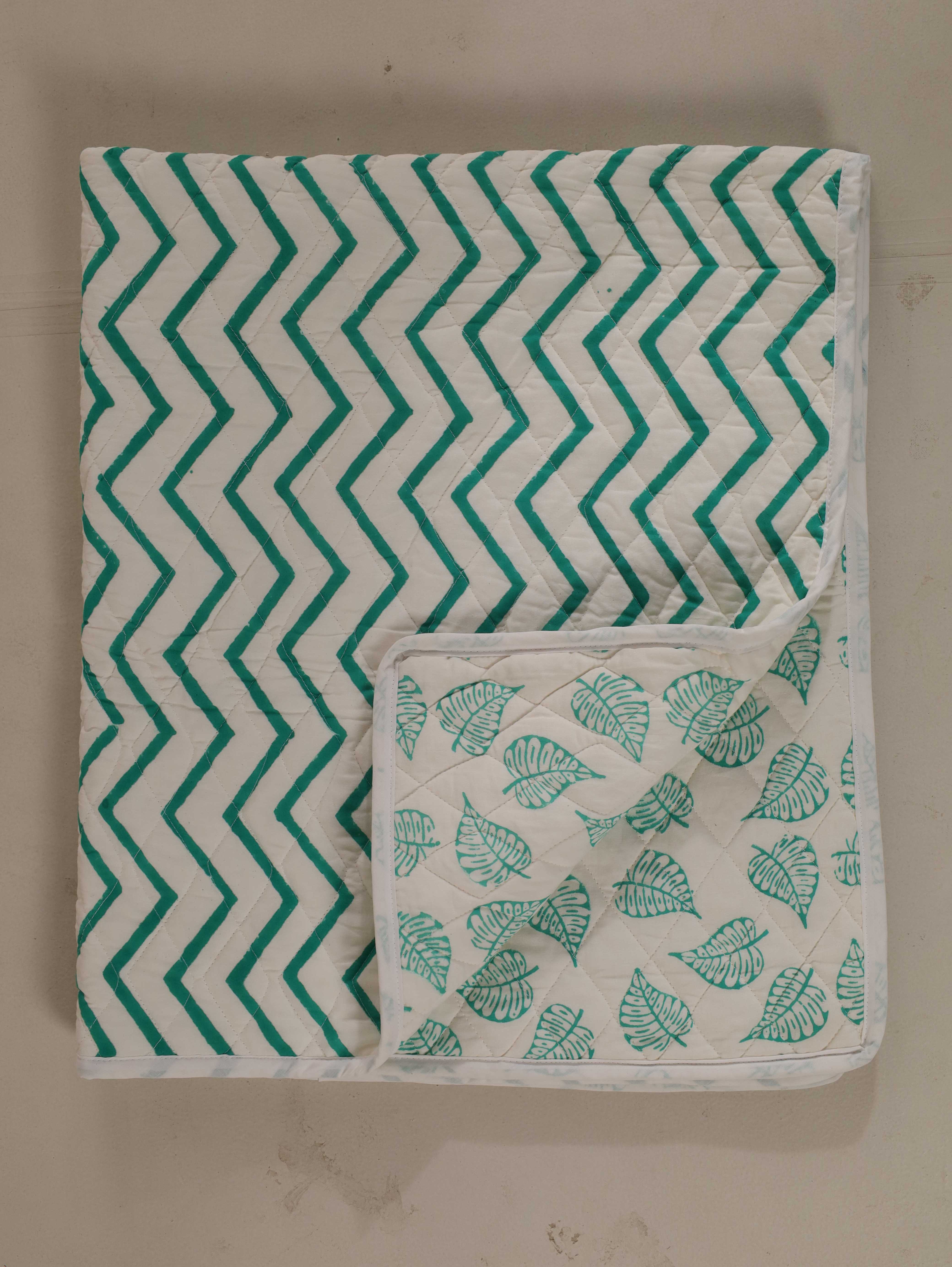 Reversible Botanical Leaf & Chevron Baby Quilt - Soft Teal Nursery Blanket