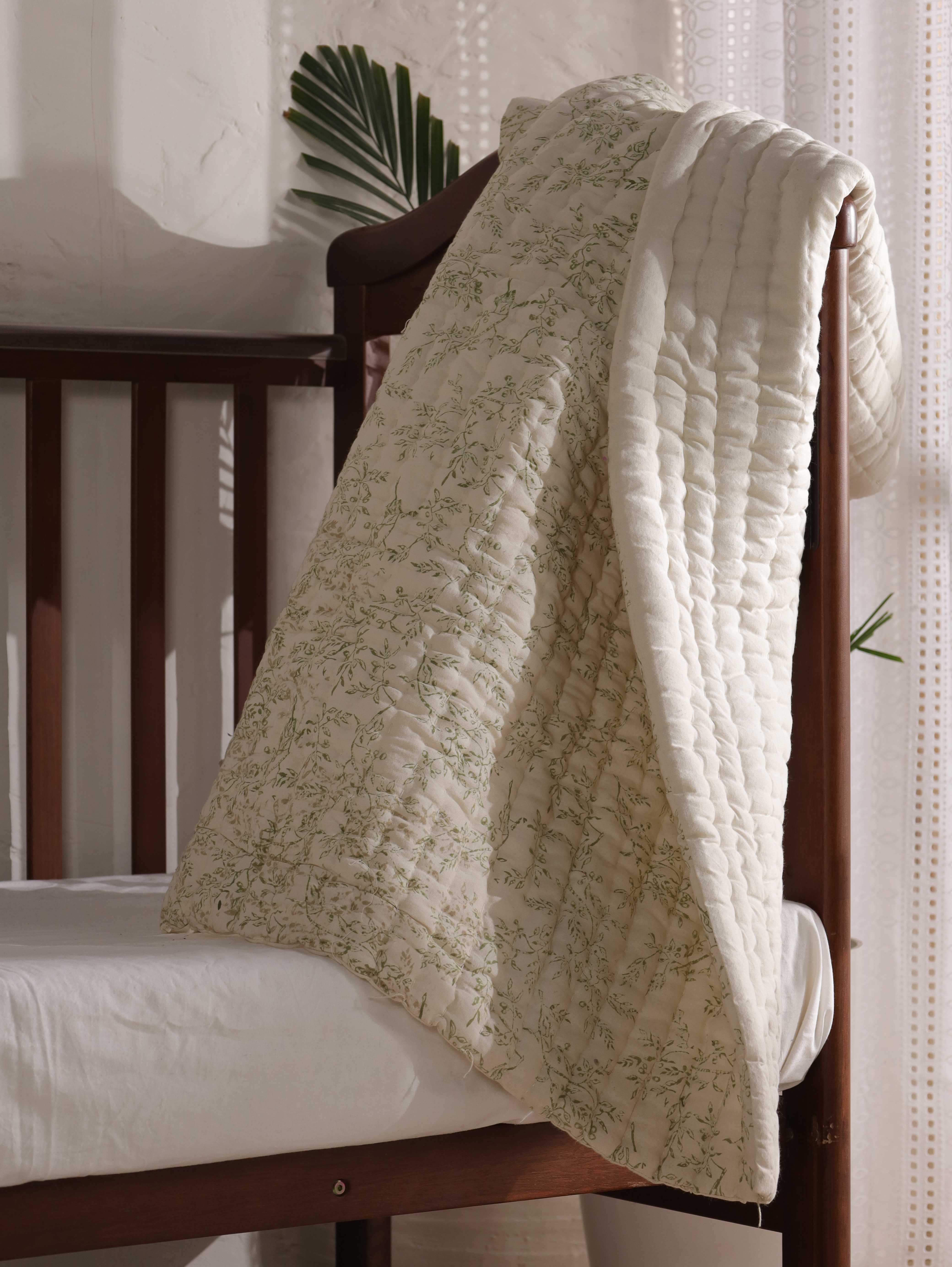 Vintage Sage Green Botanical Baby Quilt - Soft Muslin Toddler Blanket