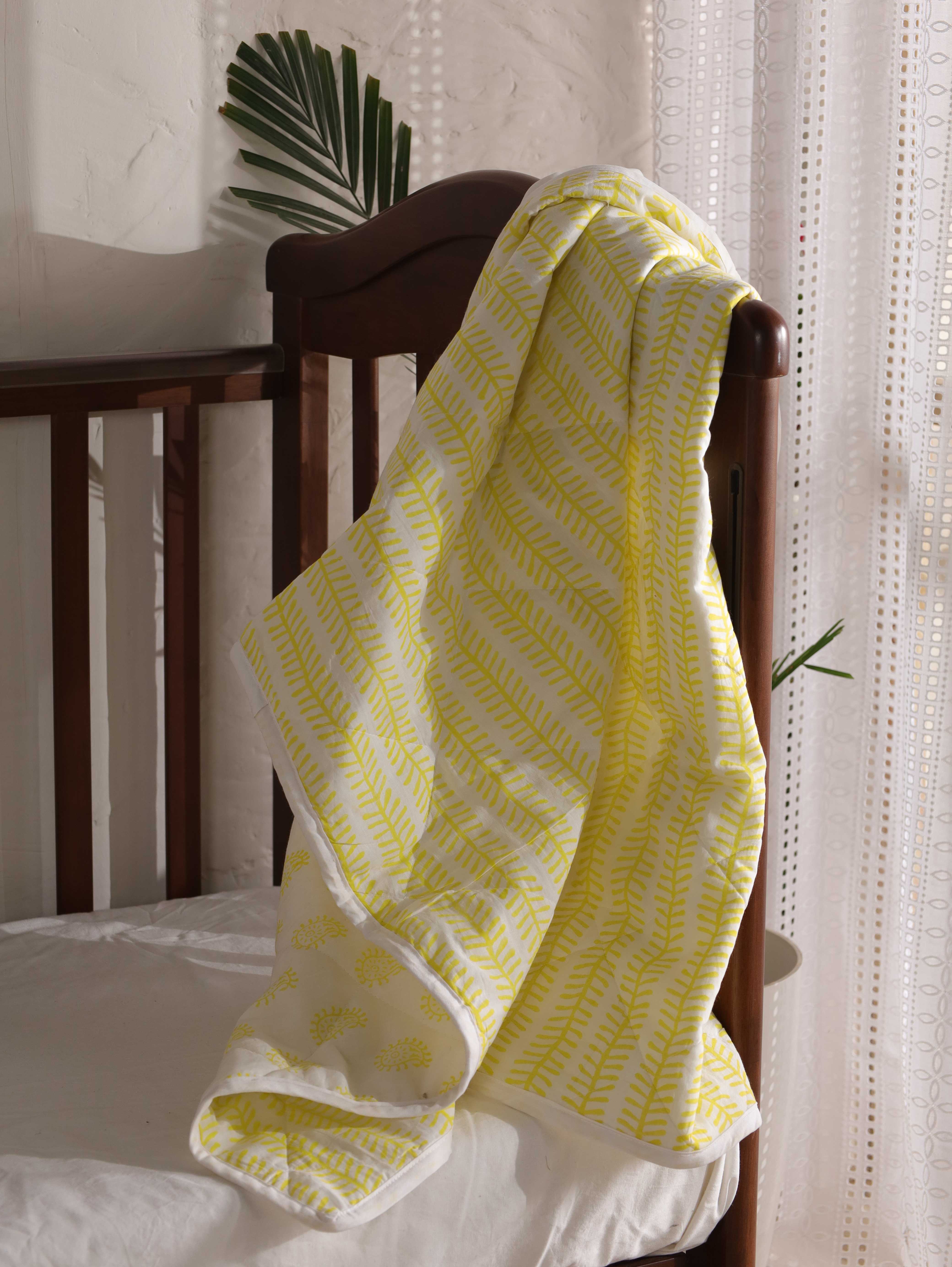 Reversible Citron Yellow Leaf & Paisley Baby Quilt - Soft Crib Blanket