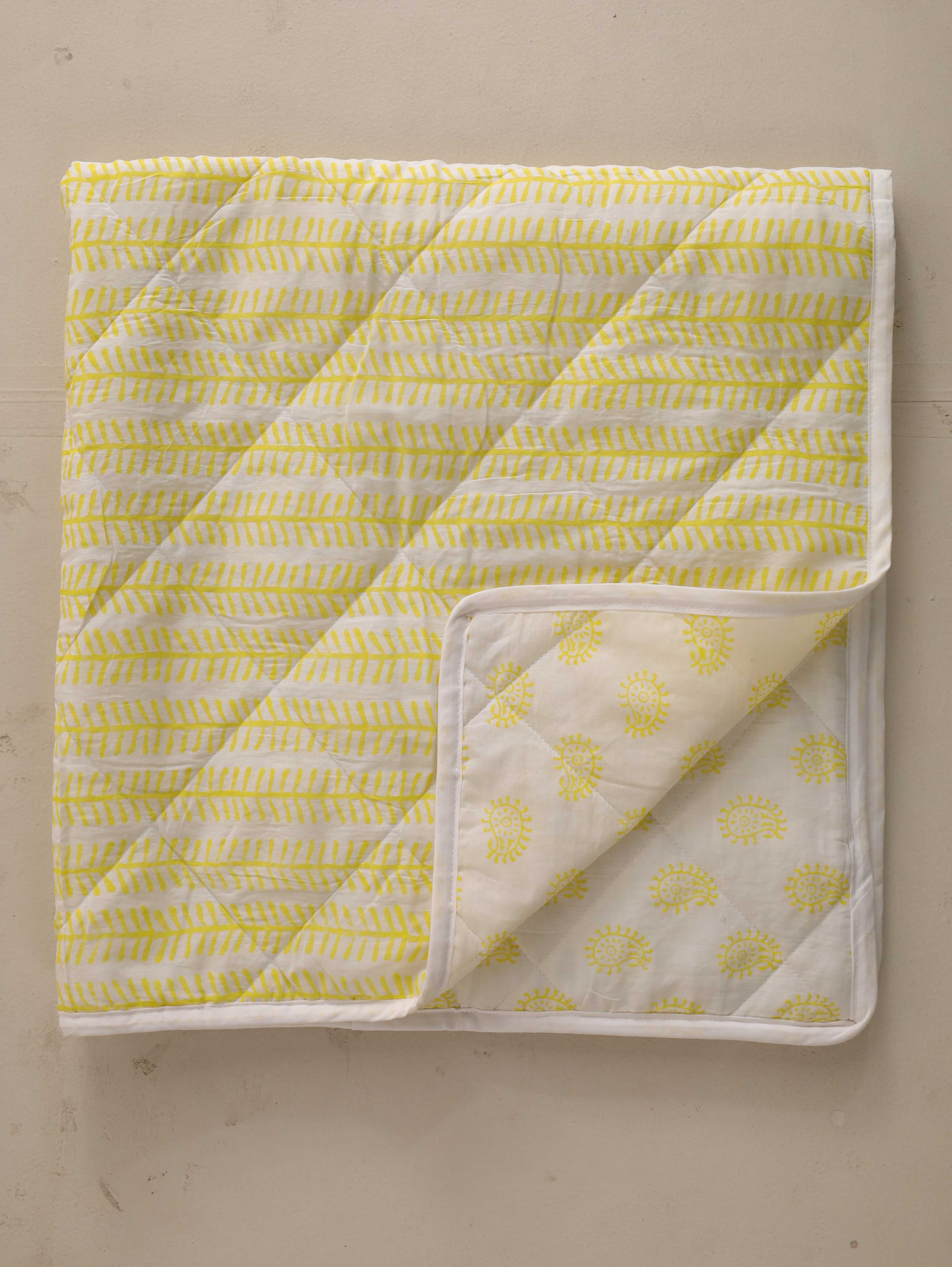 Reversible Citron Yellow Leaf & Paisley Baby Quilt - Soft Crib Blanket