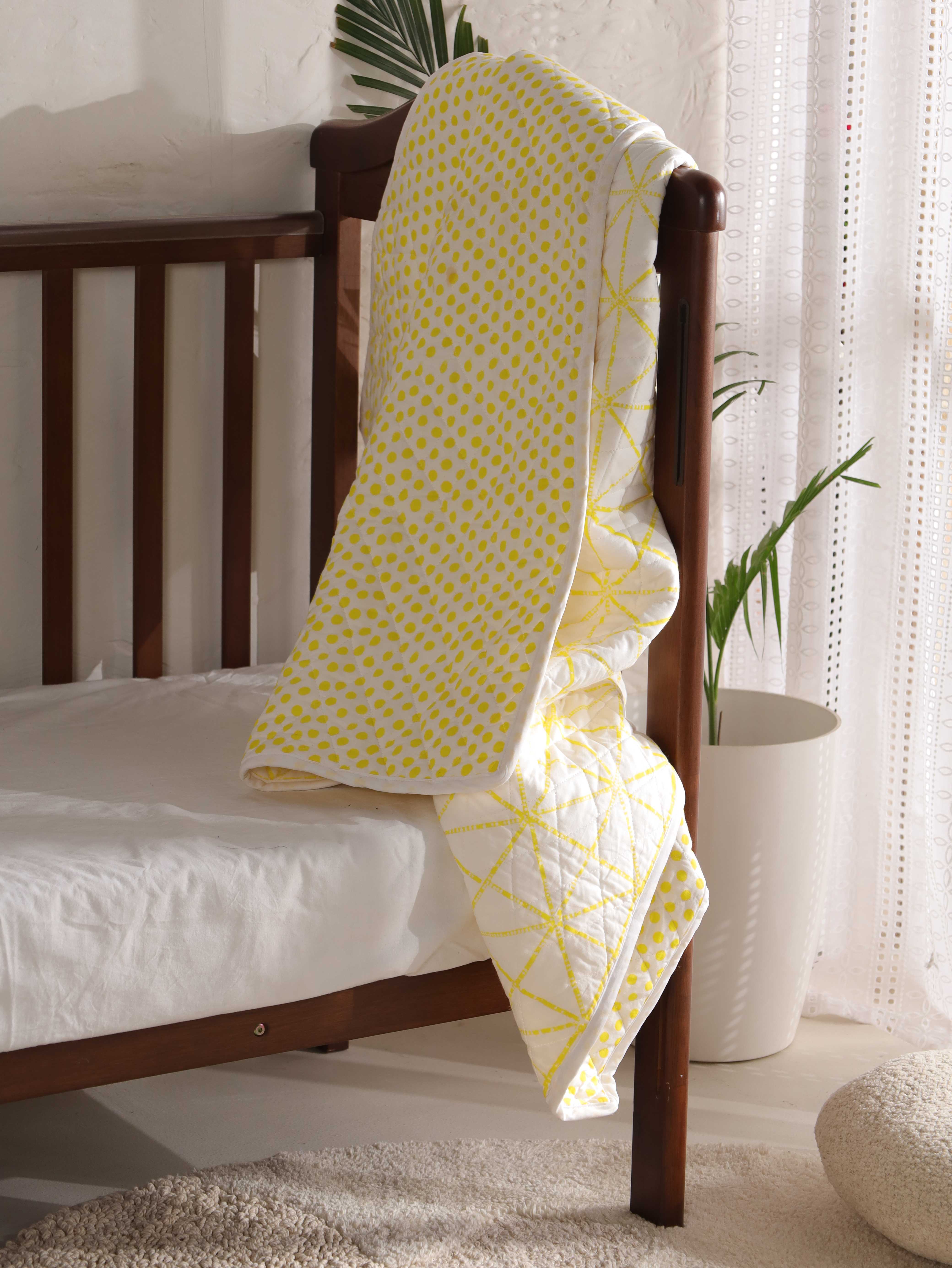 Reversible Citron Geometric & Polka Dot Baby Quilt - Soft Toddler Blanket
