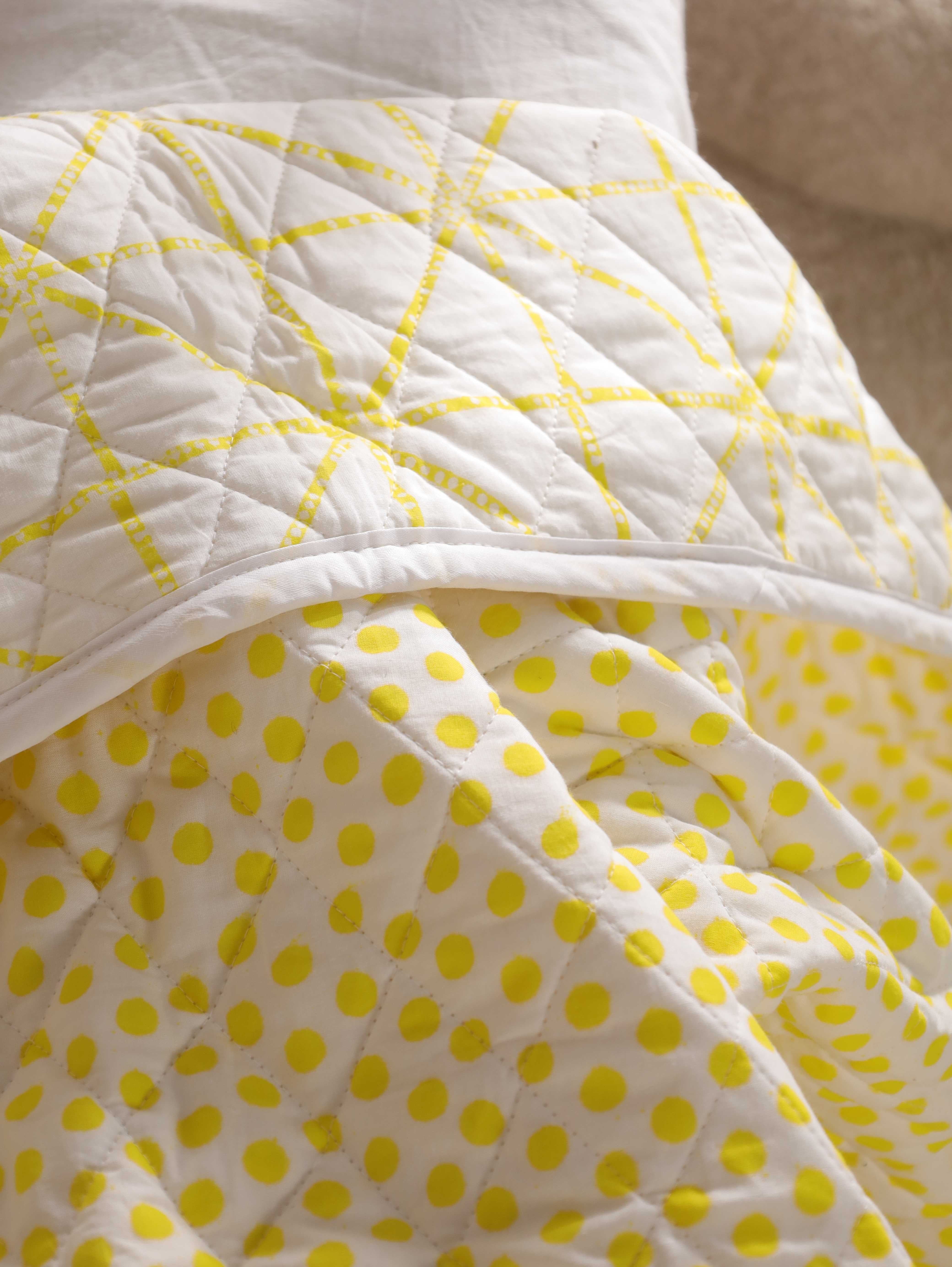 Reversible Citron Geometric & Polka Dot Baby Quilt - Soft Toddler Blanket