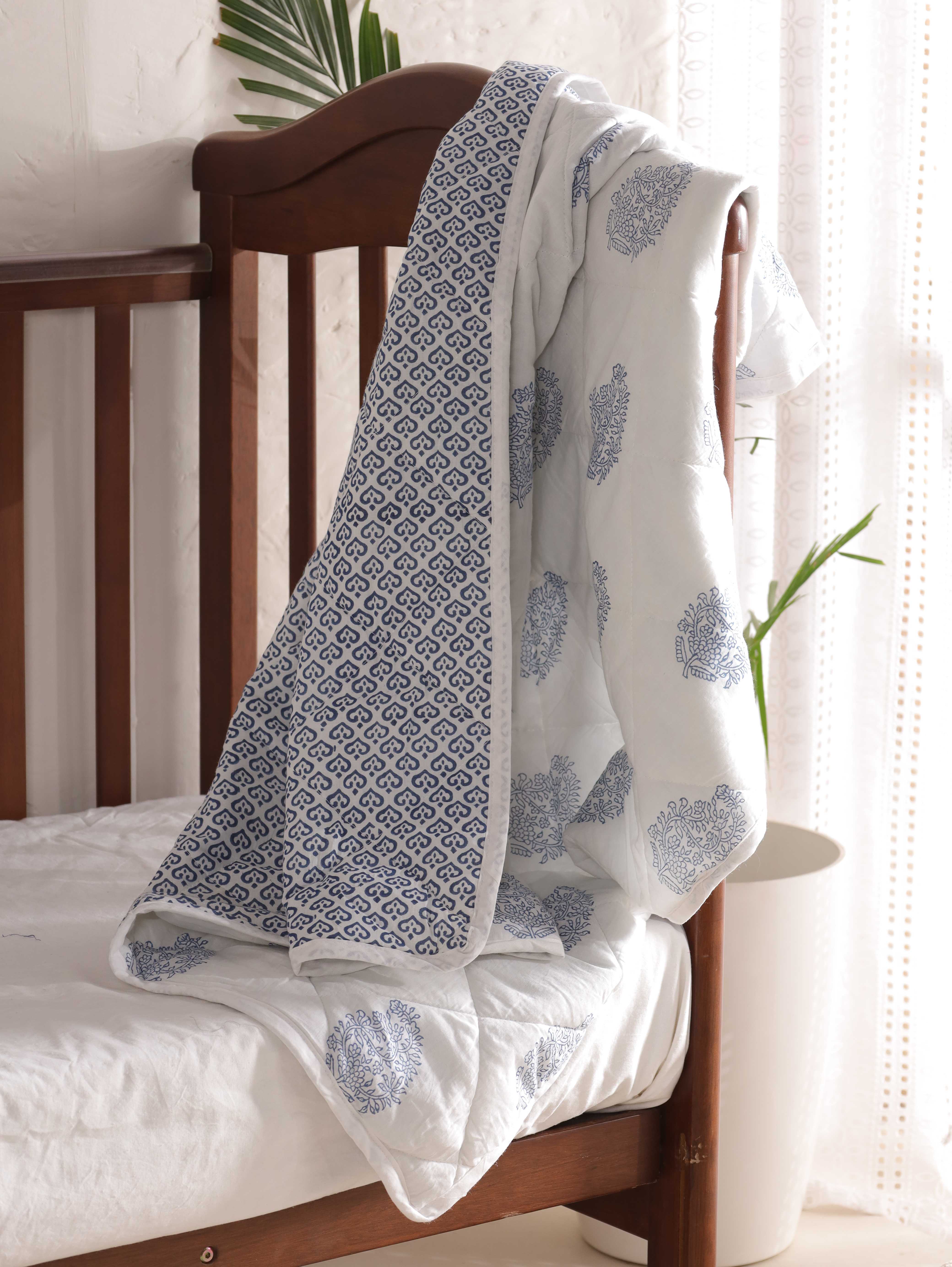 Reversible Indigo Blue Floral & Medallion Baby Quilt - Soft Crib Blanket
