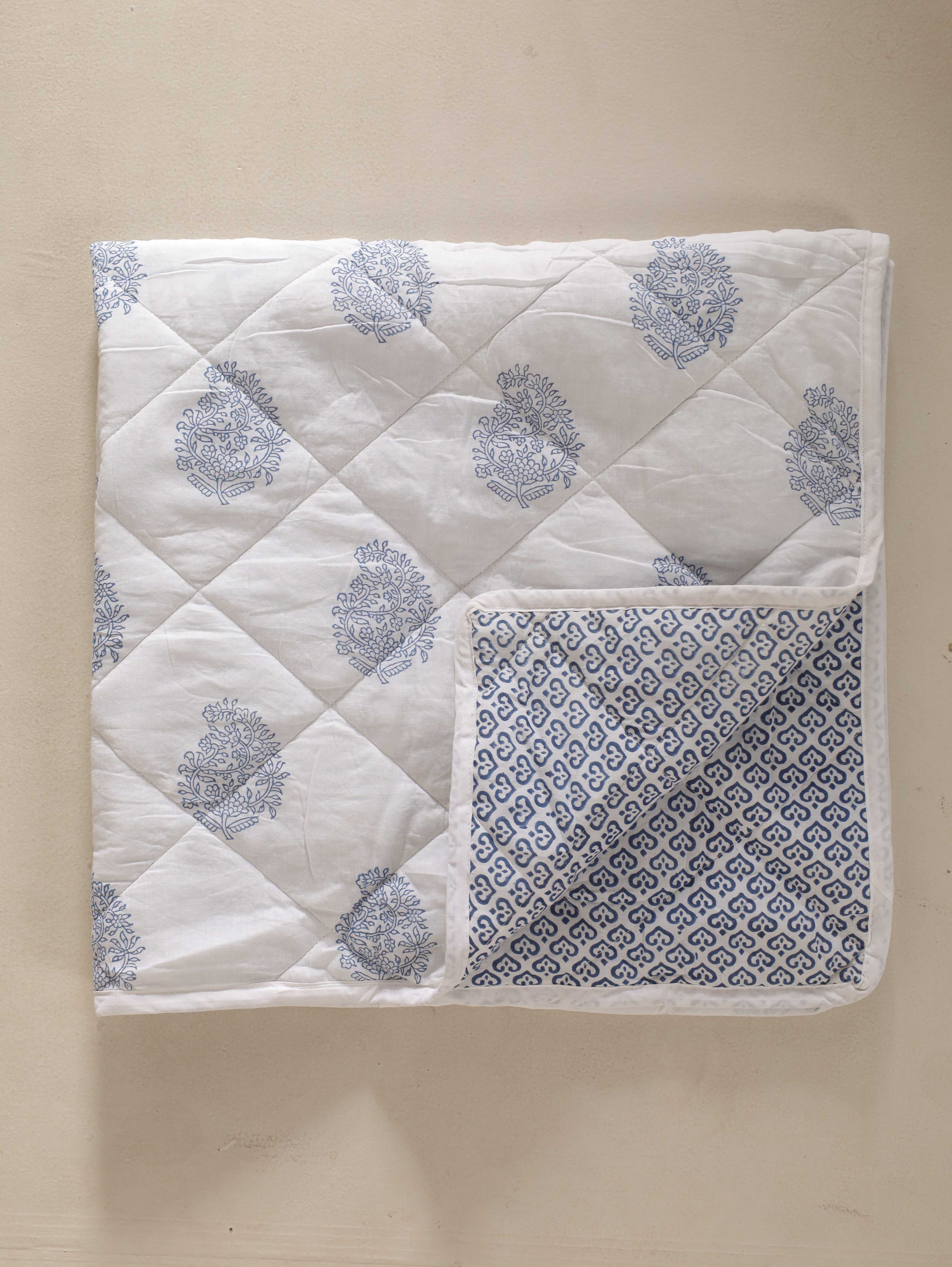 Reversible Indigo Blue Floral & Medallion Baby Quilt - Soft Crib Blanket