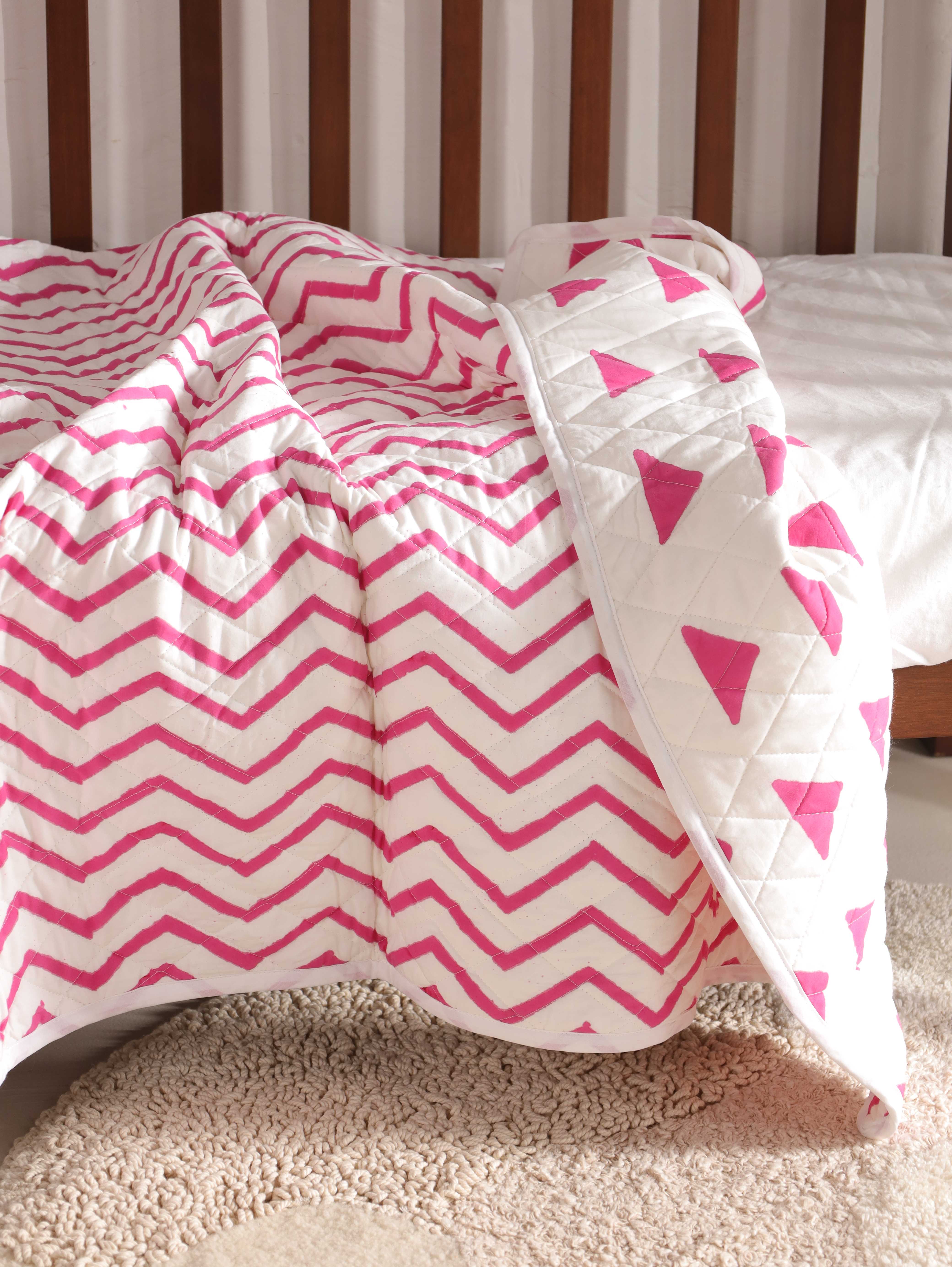 Reversible Pink Triangle & Chevron Baby Quilt - Soft Crib Blanket