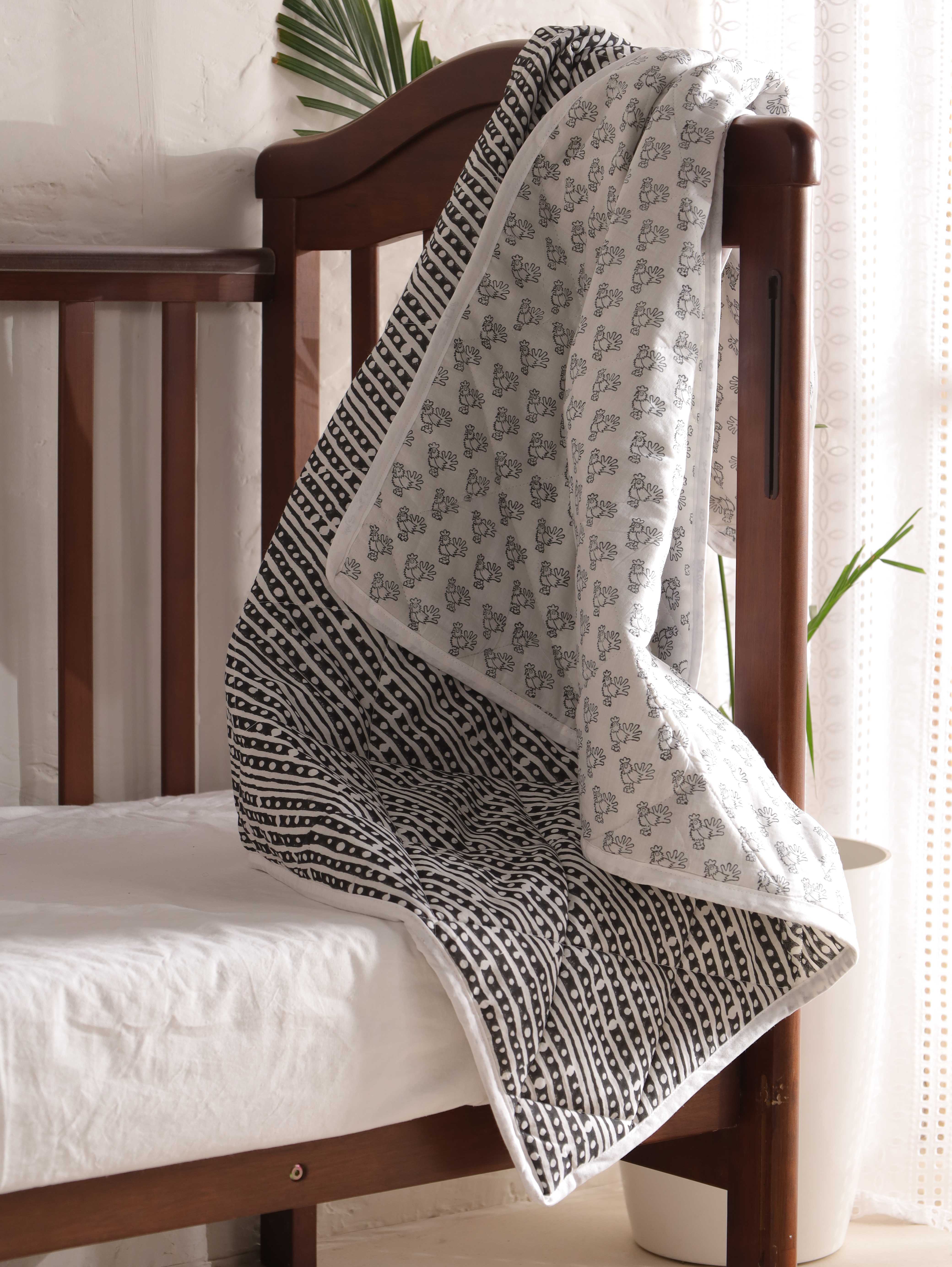 Reversible Charcoal Stripe & Animal Print Baby Quilt - Soft Crib Blanket