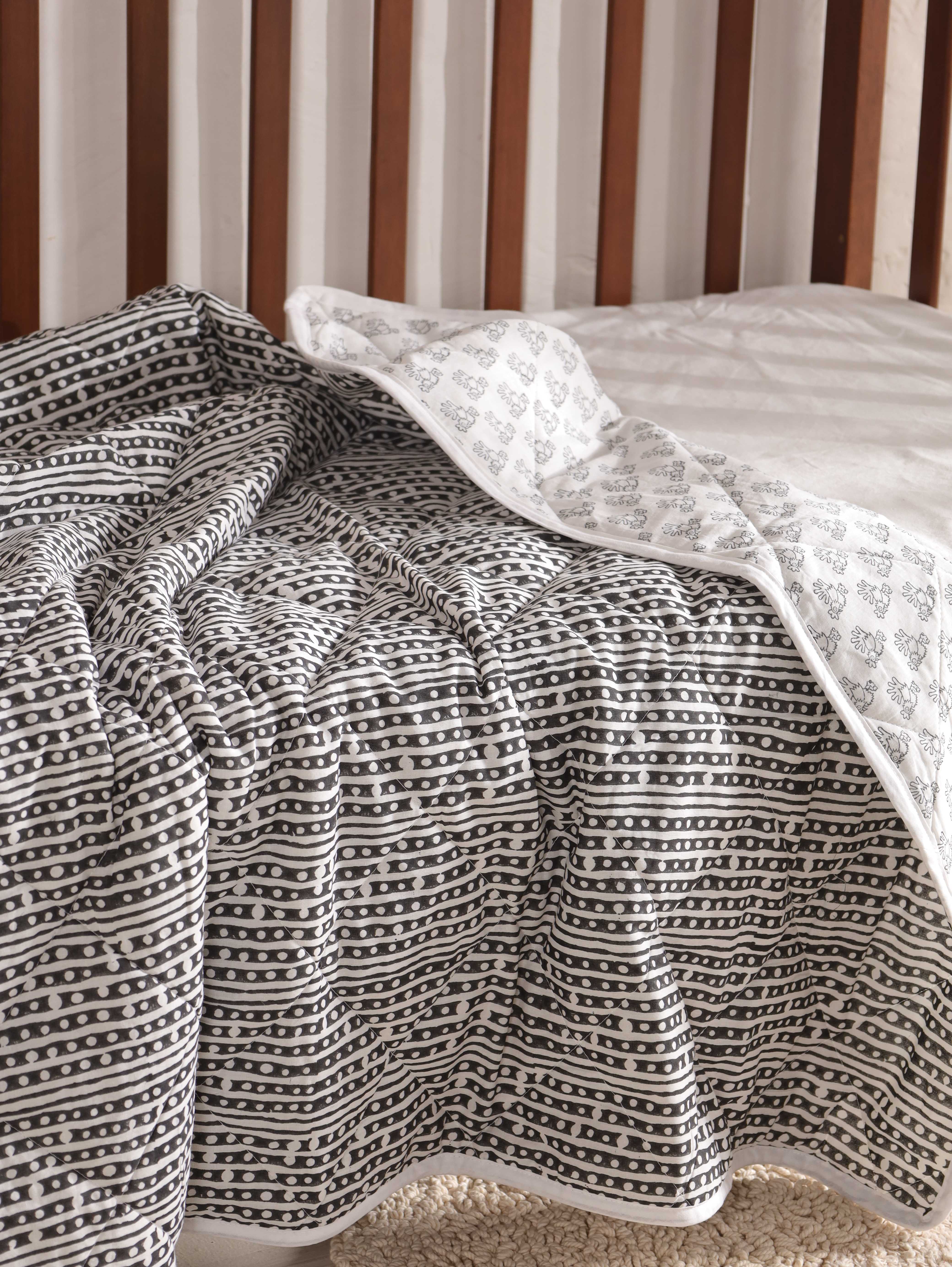 Reversible Charcoal Stripe & Animal Print Baby Quilt - Soft Crib Blanket