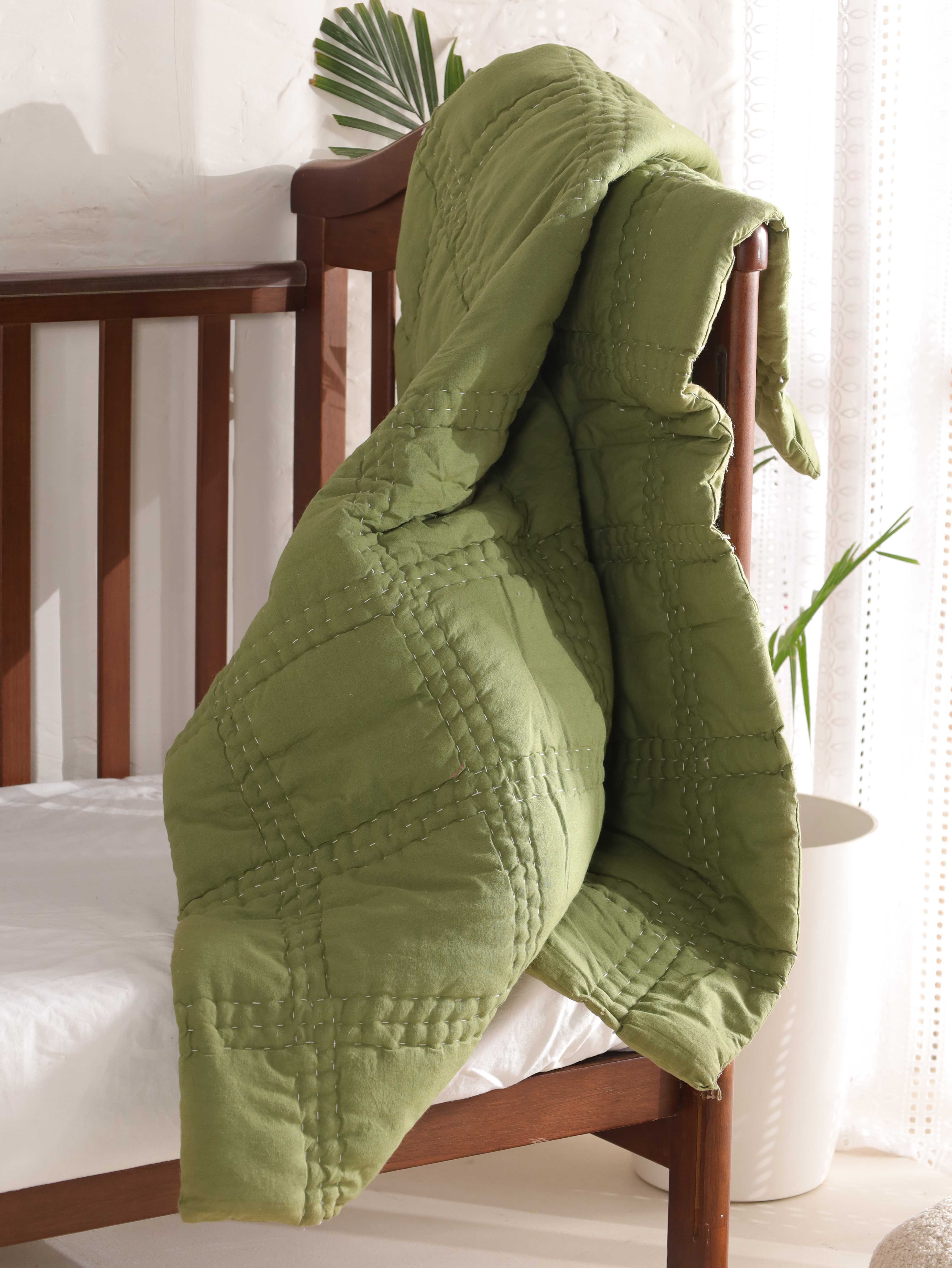 Olive Green Hand-Stitched Baby Quilt - Soft Cotton Kantha Toddler Blanket