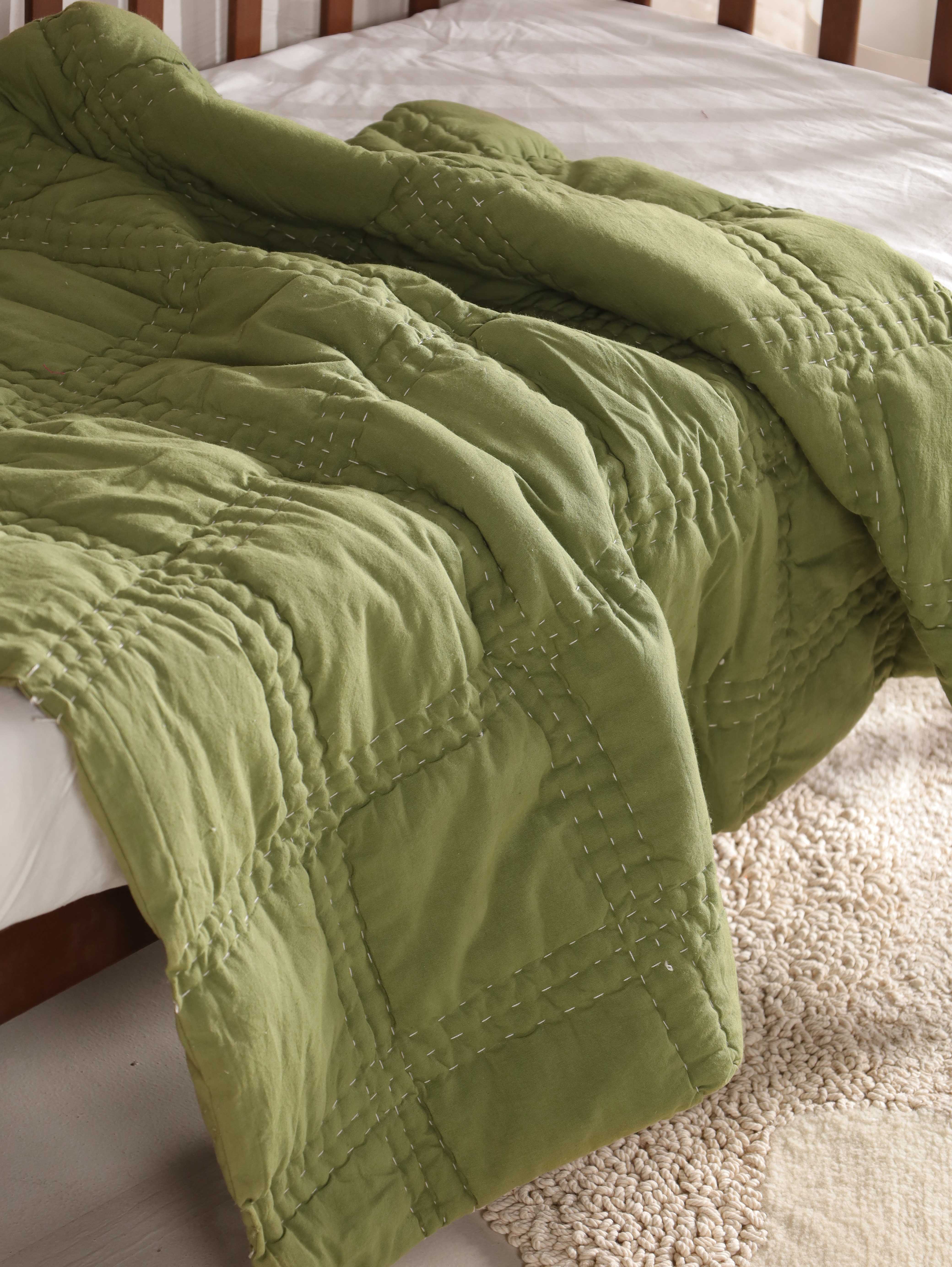 Olive Green Hand-Stitched Baby Quilt - Soft Cotton Kantha Toddler Blanket