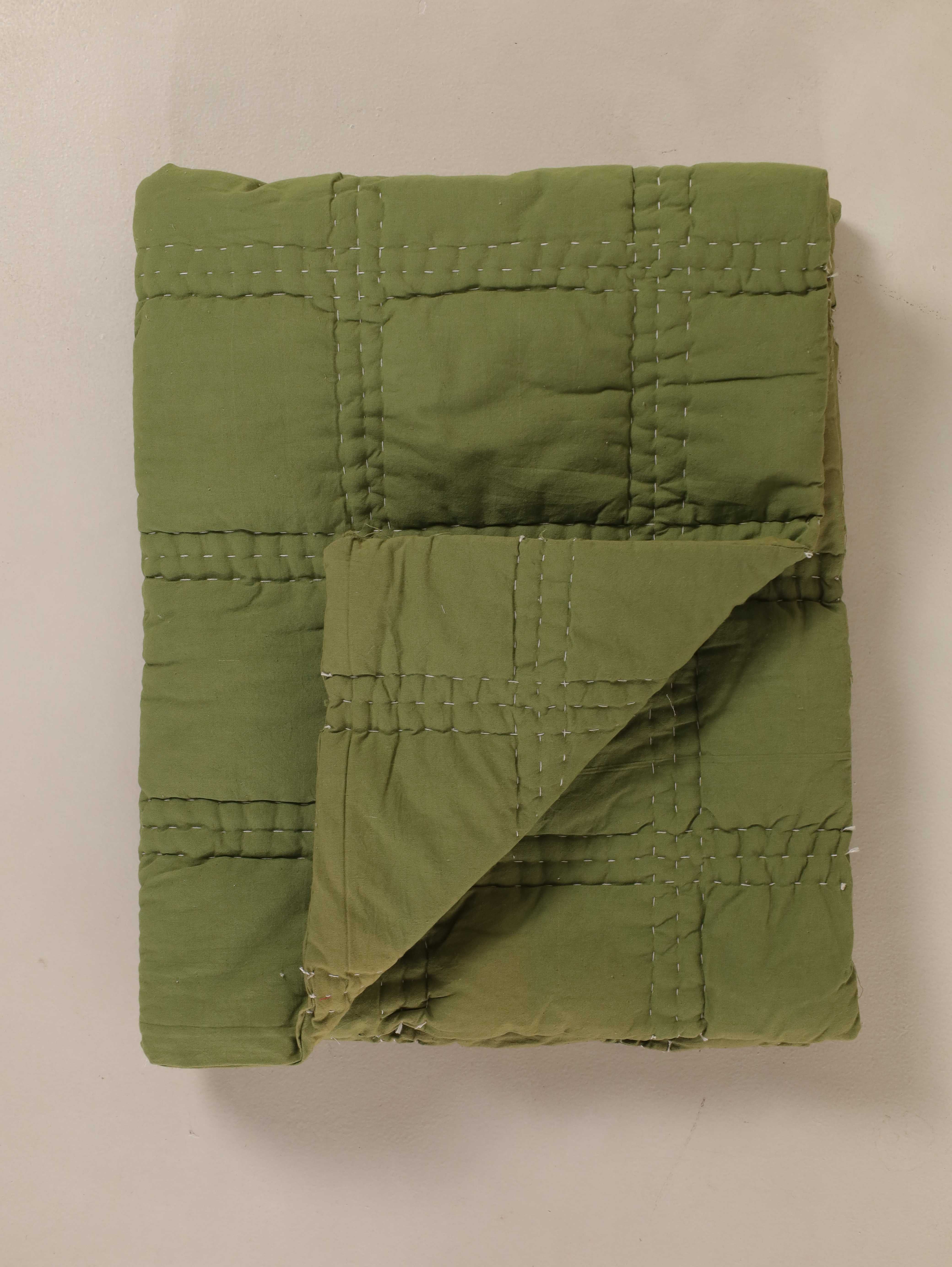 Olive Green Hand-Stitched Baby Quilt - Soft Cotton Kantha Toddler Blanket