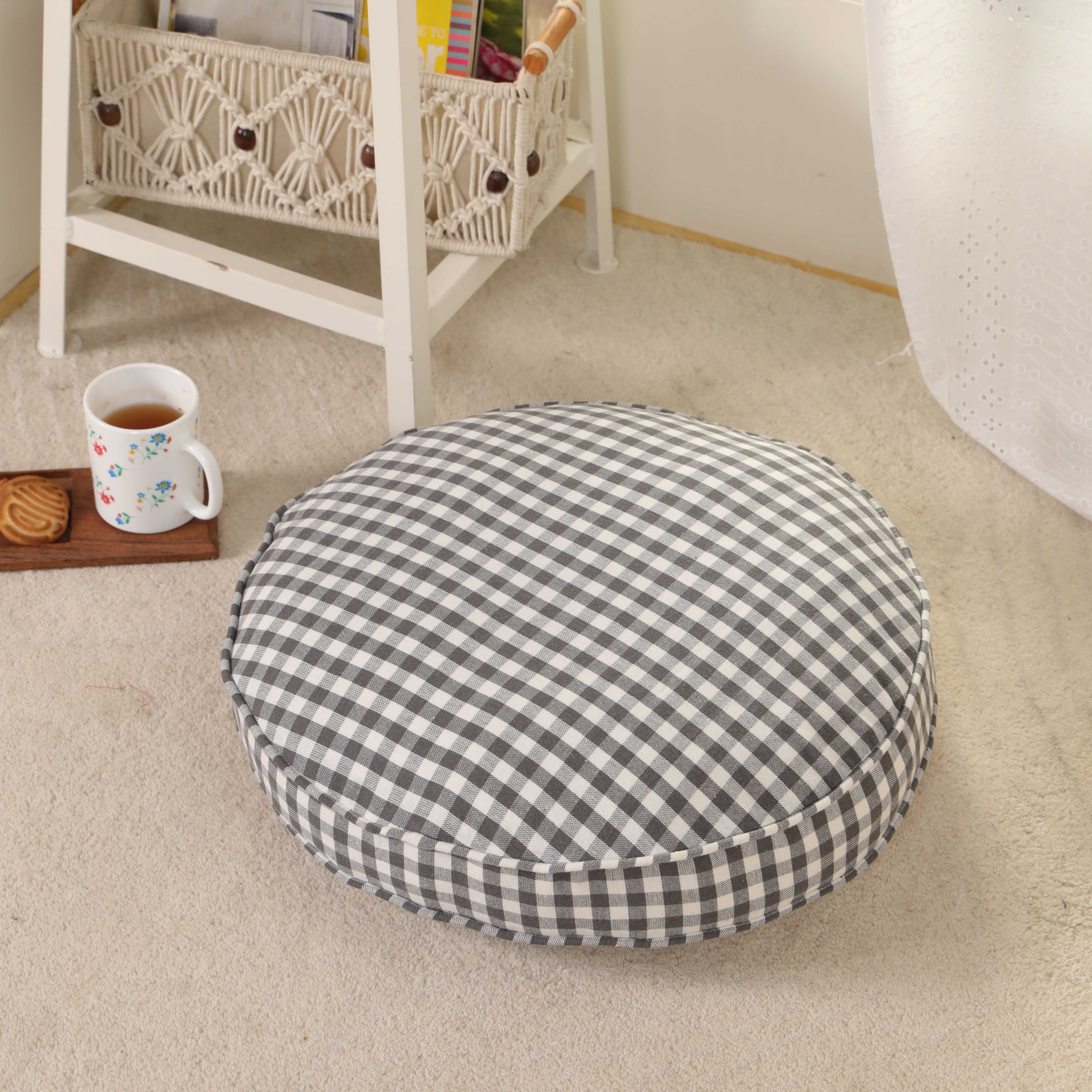 Heritage Charcoal Gingham Round Floor Cushion – Premium Boho Seating & Meditation Pillow