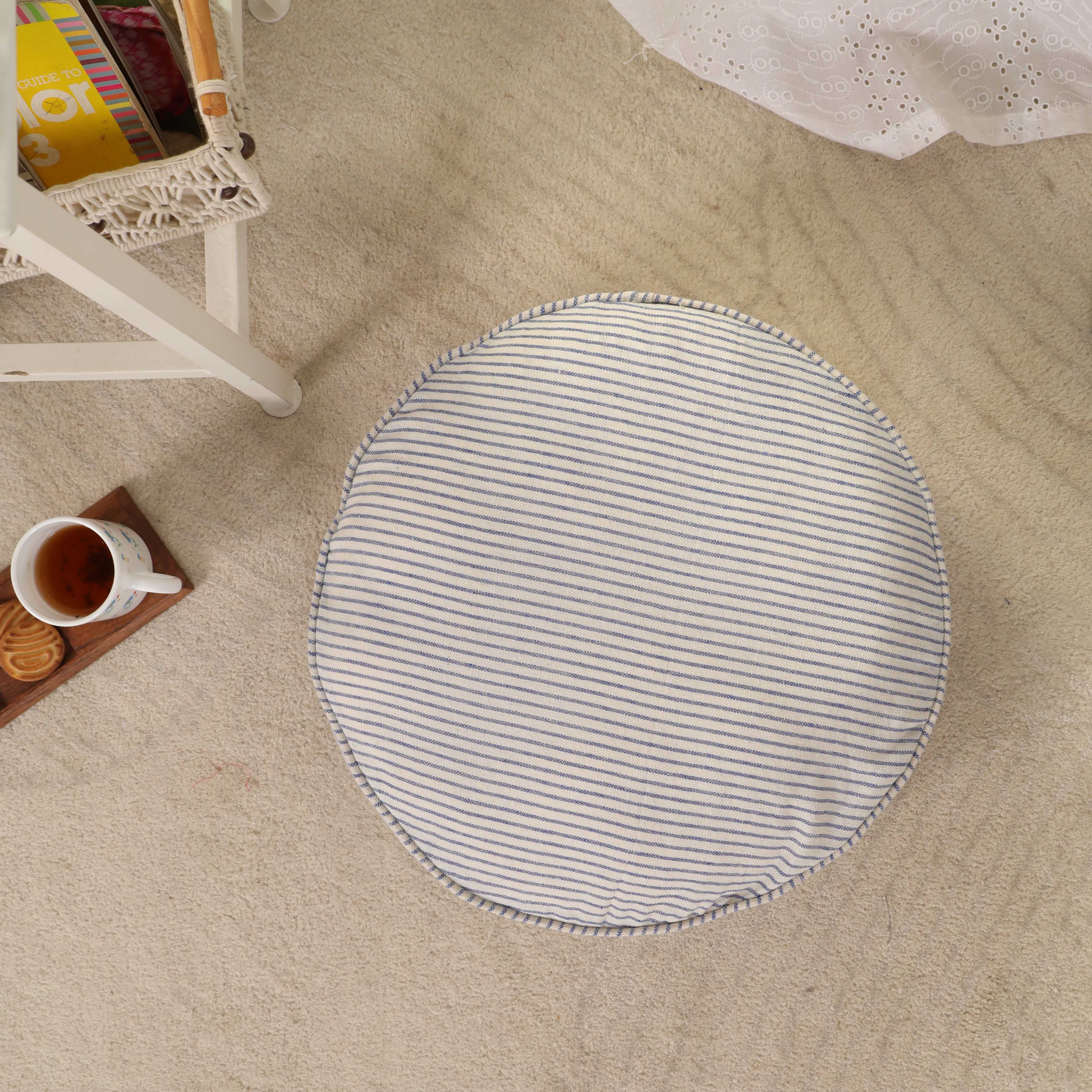 Nautical Sky Round Ticking Stripe Floor Cushion – Premium Boho Meditation & Seating Pillow