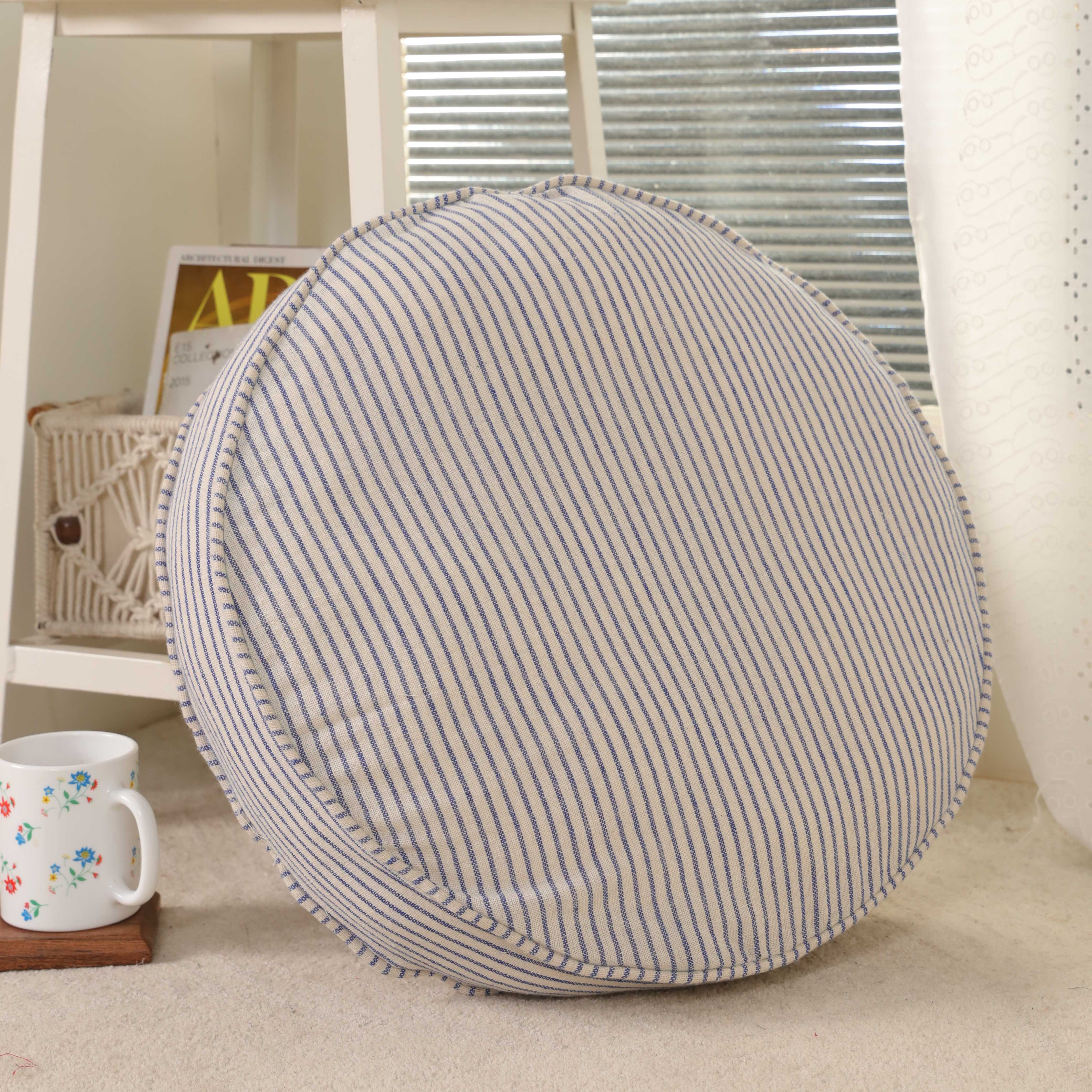 Nautical Sky Round Ticking Stripe Floor Cushion – Premium Boho Meditation & Seating Pillow