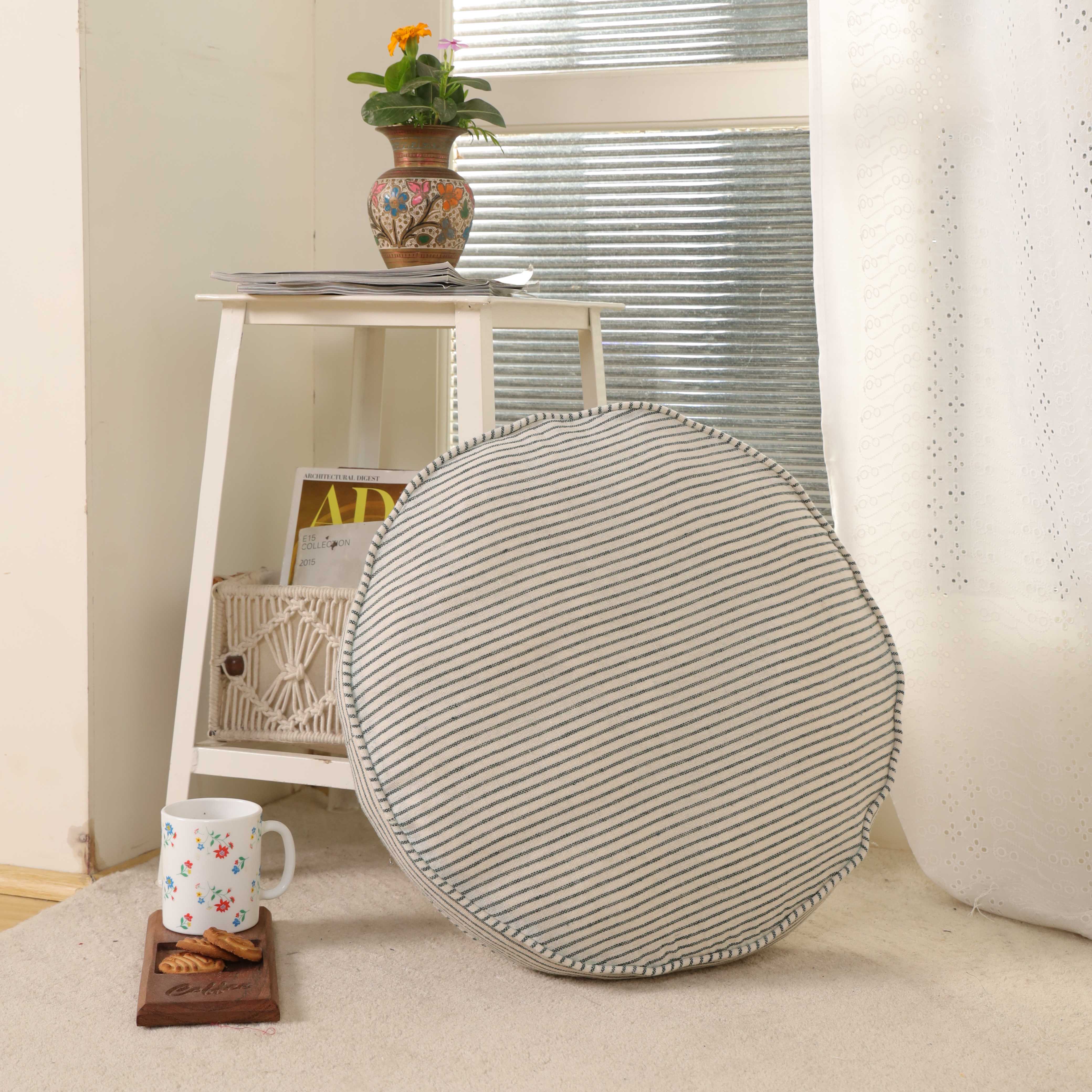 Serene Moss Round Ticking Stripe Floor Cushion – Premium Cotton Seating & Meditation Pillow