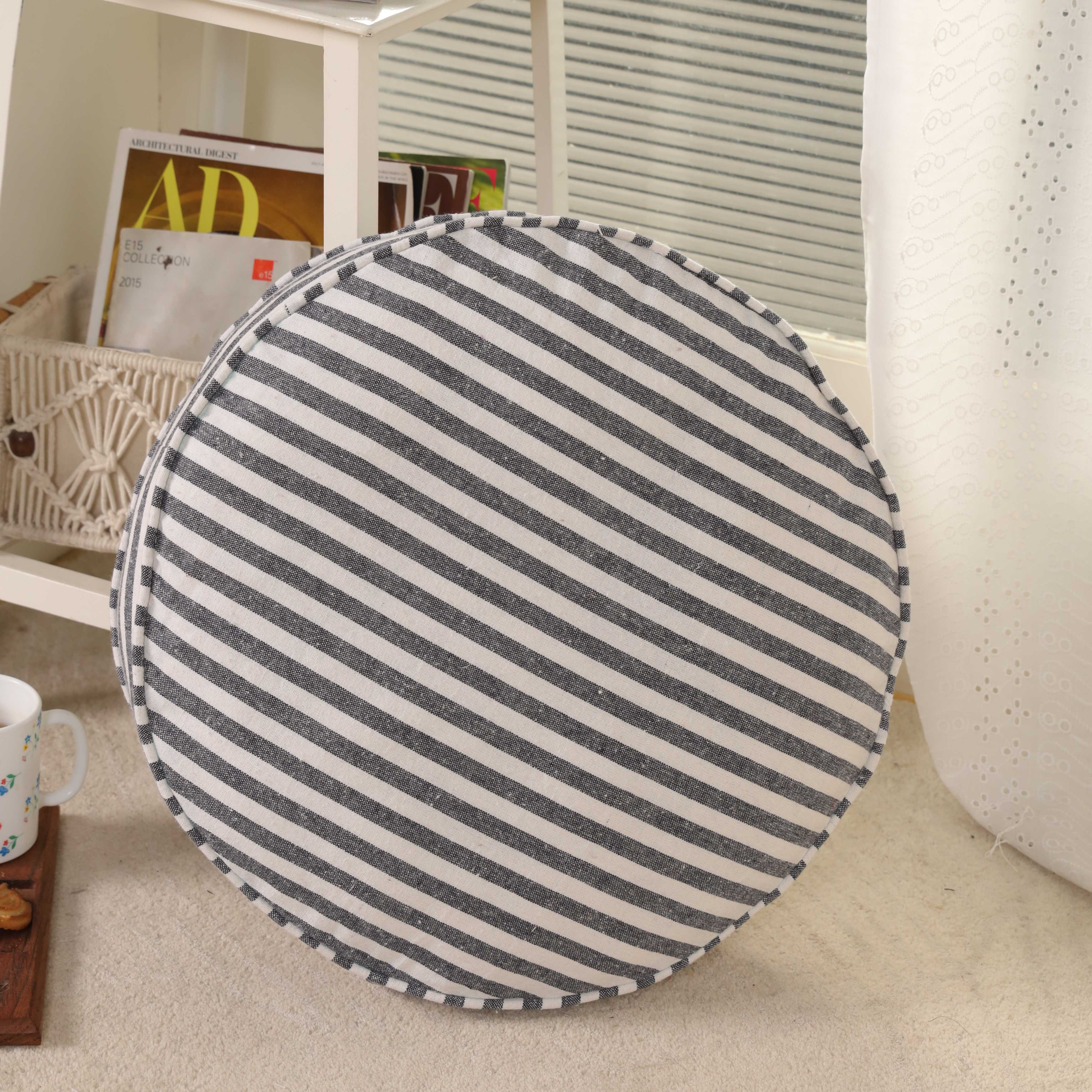 Slate Horizon Round Ticking Stripe Floor Cushion – Premium Cotton Boho Seating & Meditation Pillow
