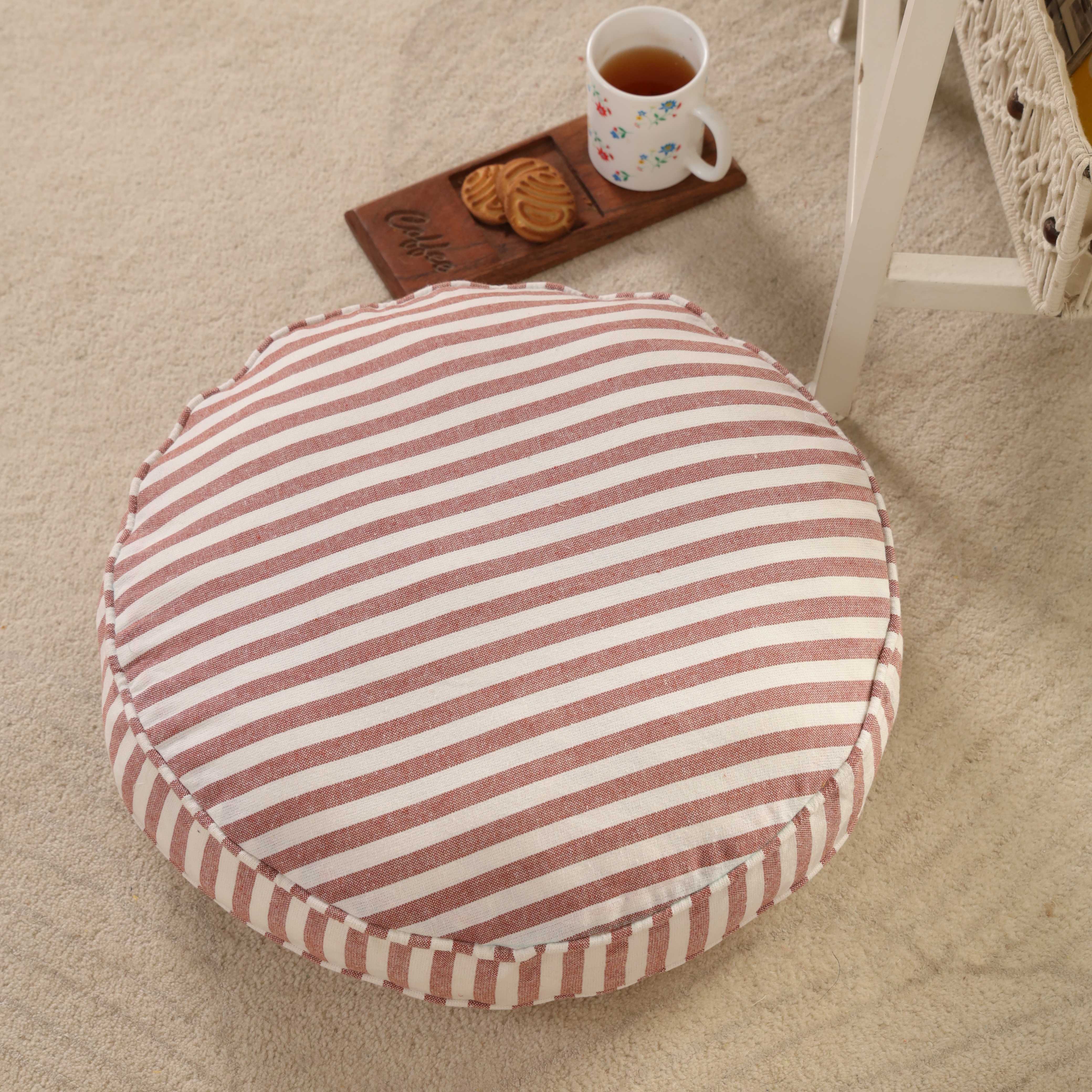 Adobe Sun Round Ticking Stripe Floor Cushion – Premium Cotton Seating & Meditation Pillow