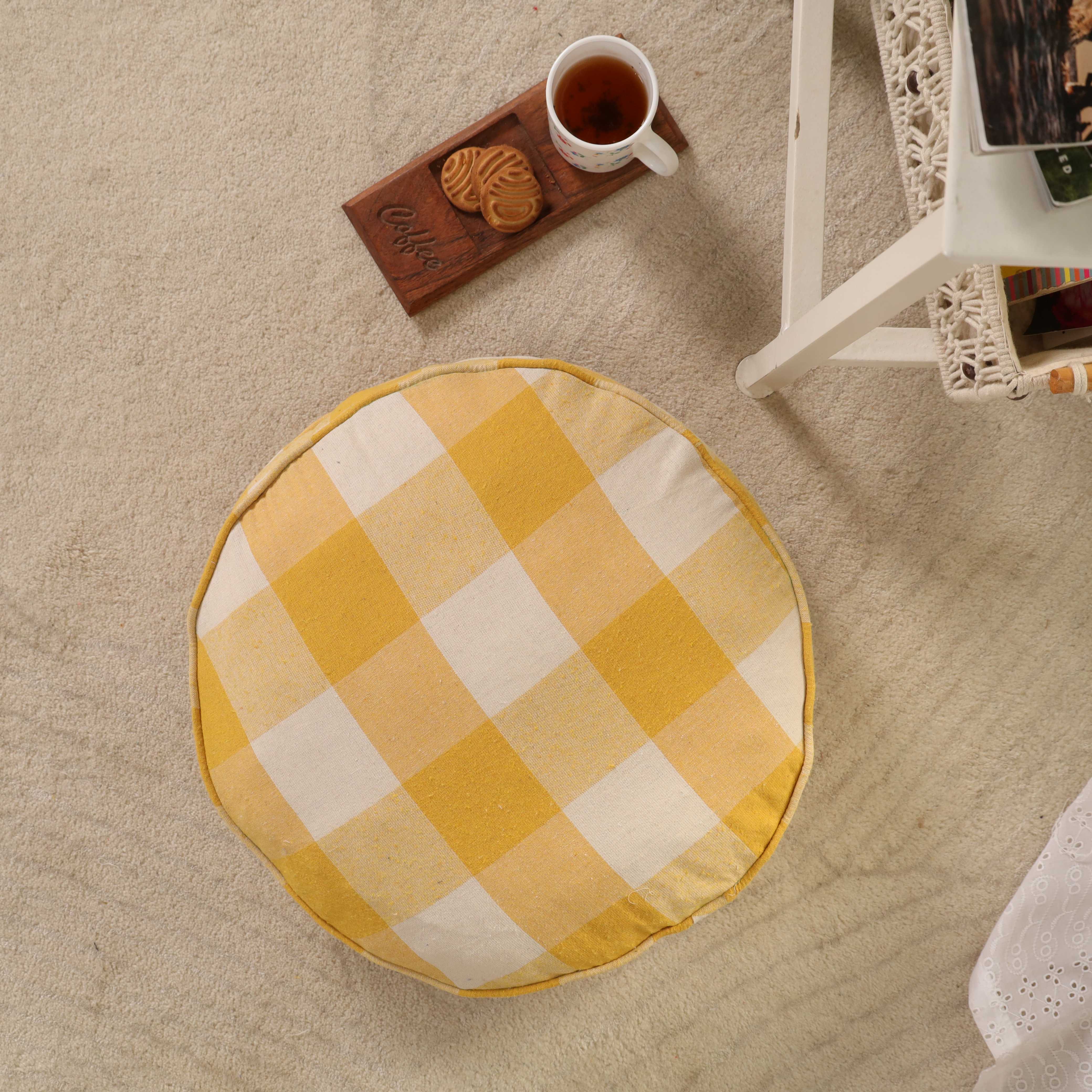Golden Harvest Check Round Floor Cushion – Premium Cotton Seating & Yoga Pillow