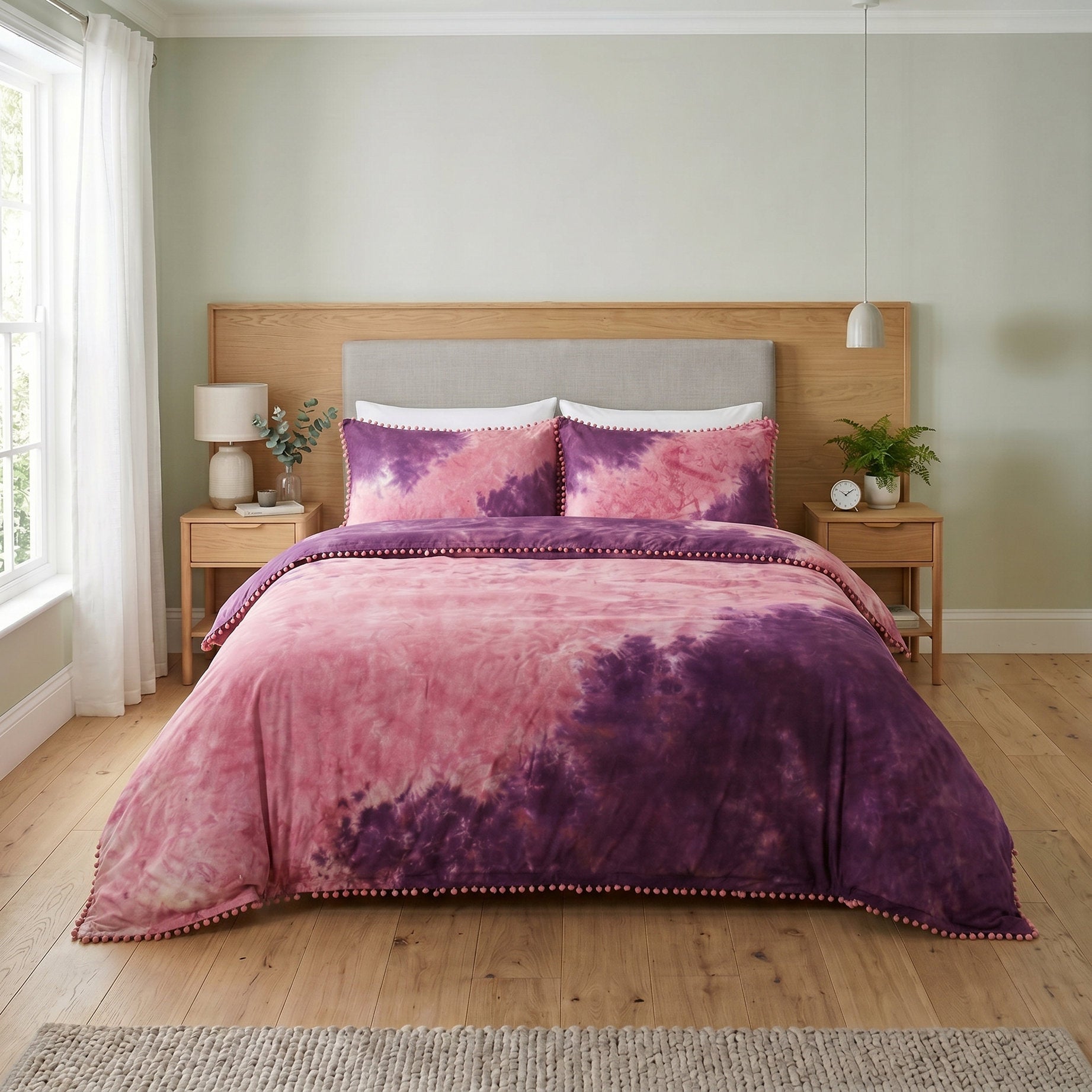 Pink and Purple Tie Dye Bedding Set - Boho Cotton Duvet with Pom Poms