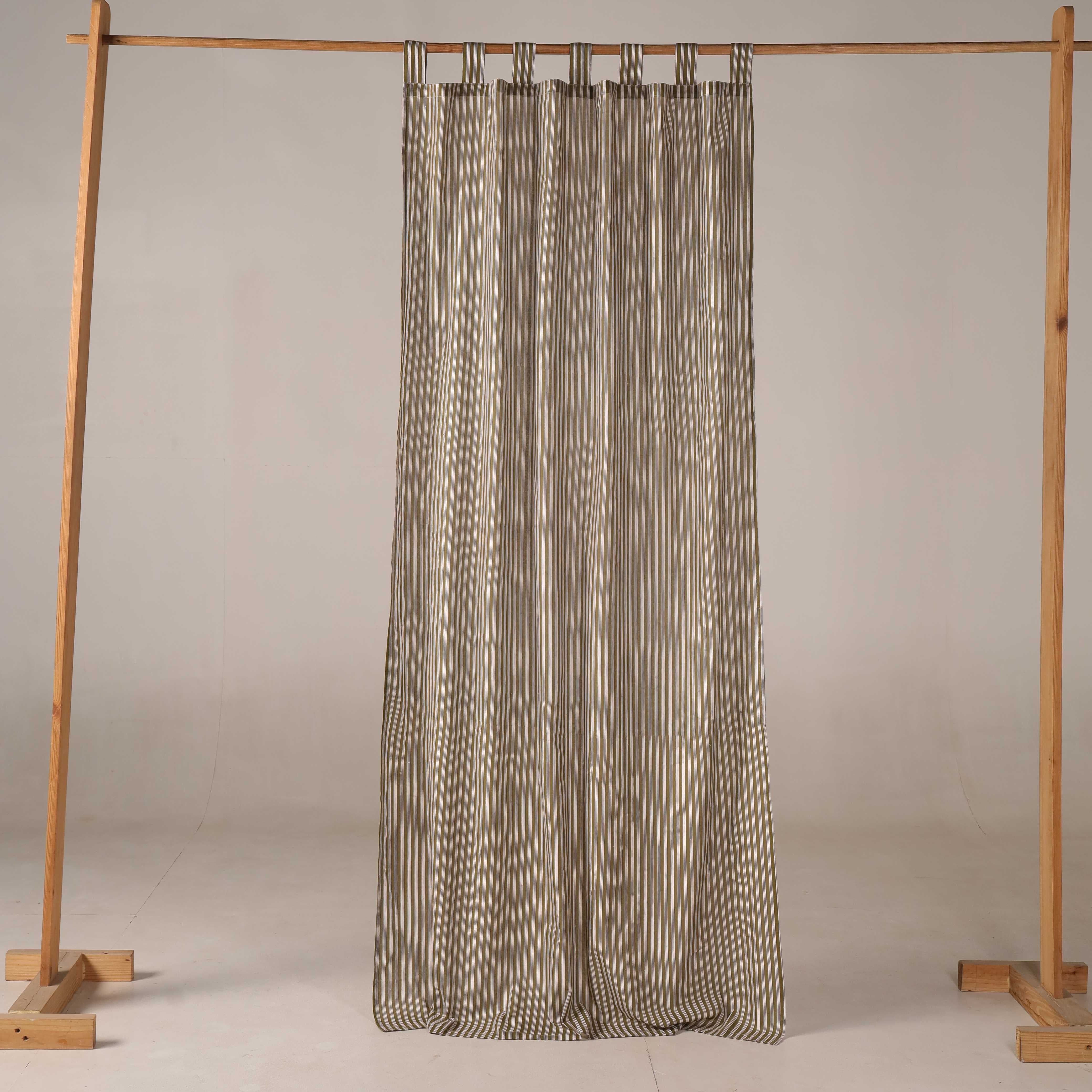 Premium 100% Cotton Striped Window Curtain Panel - Modern Sage Green Vertical Stripe Tab Top Drapery for Living Room (Single Panel)