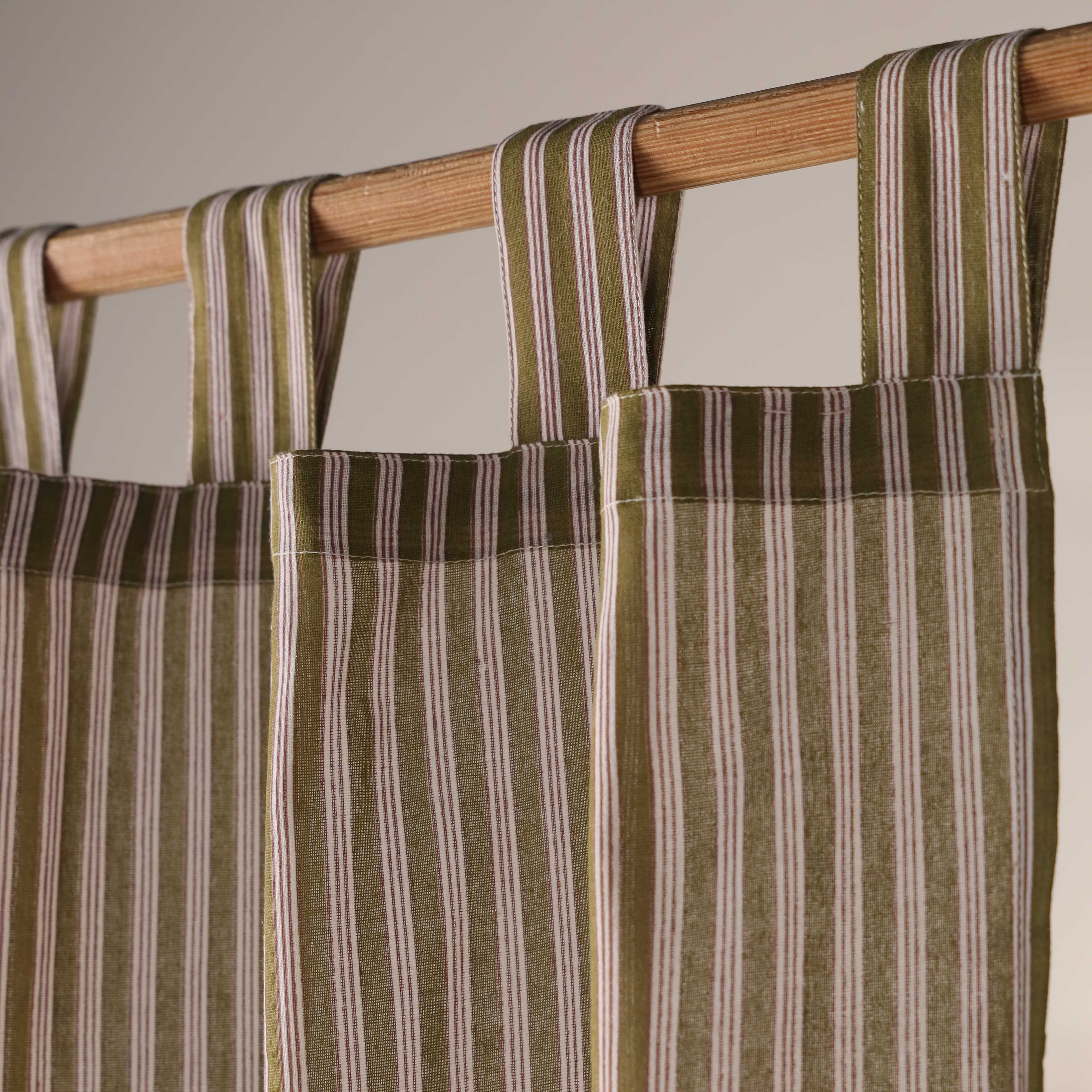 Premium 100% Cotton Striped Window Curtain Panel - Modern Sage Green Vertical Stripe Tab Top Drapery for Living Room (Single Panel)