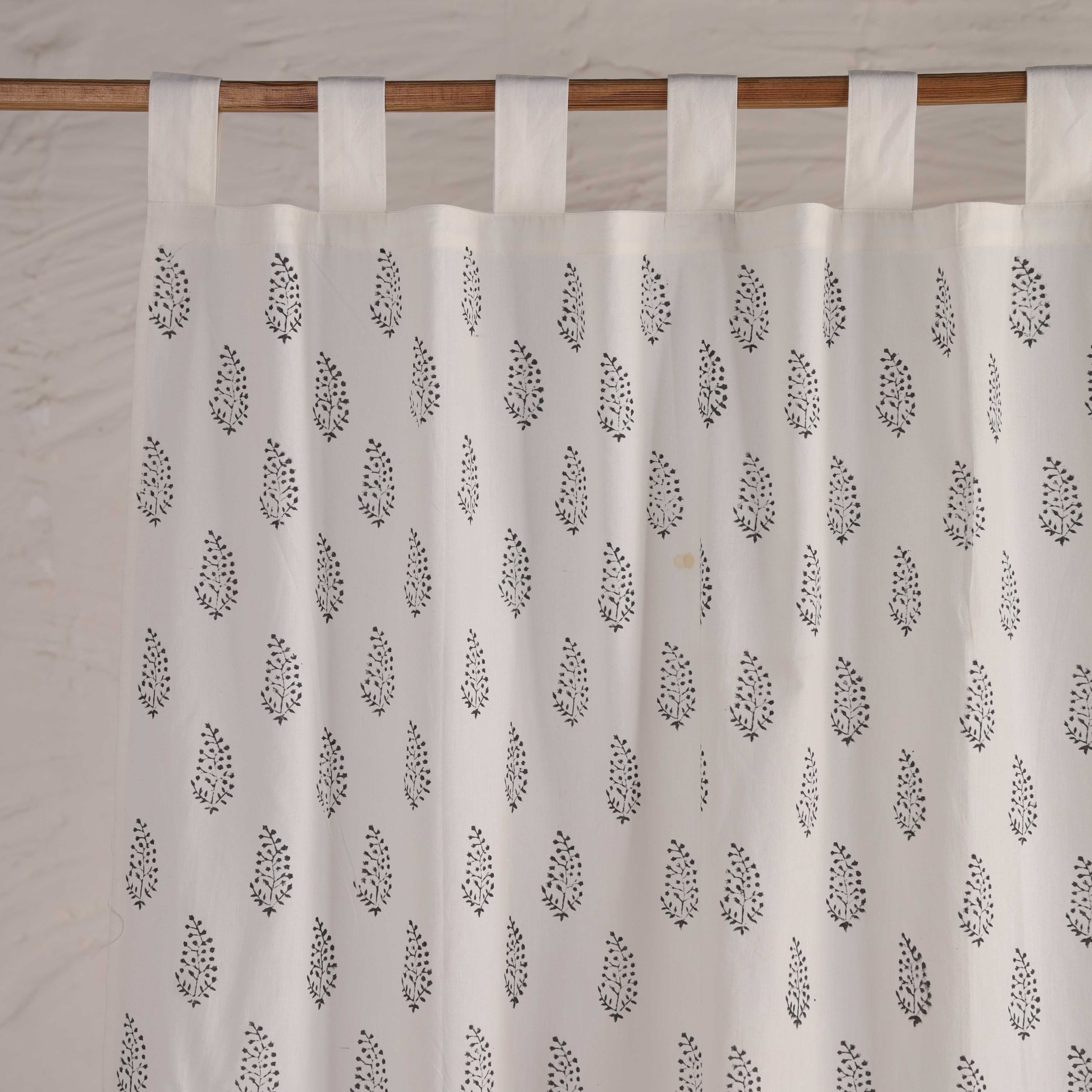 Artisanal Print Cotton Curtain – Single Panel Tab Top (Black Floral)