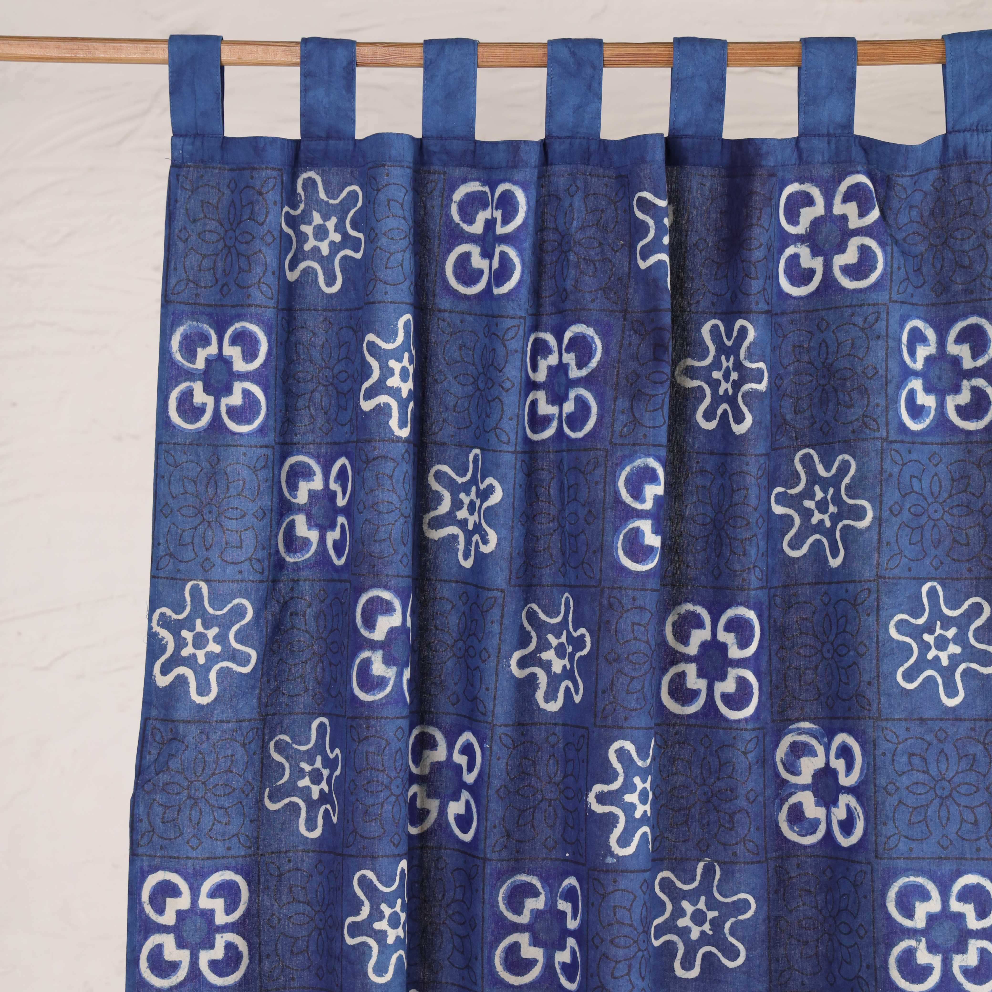 Indigo Blue Geometric Cotton Curtain – Single Panel Tab Top